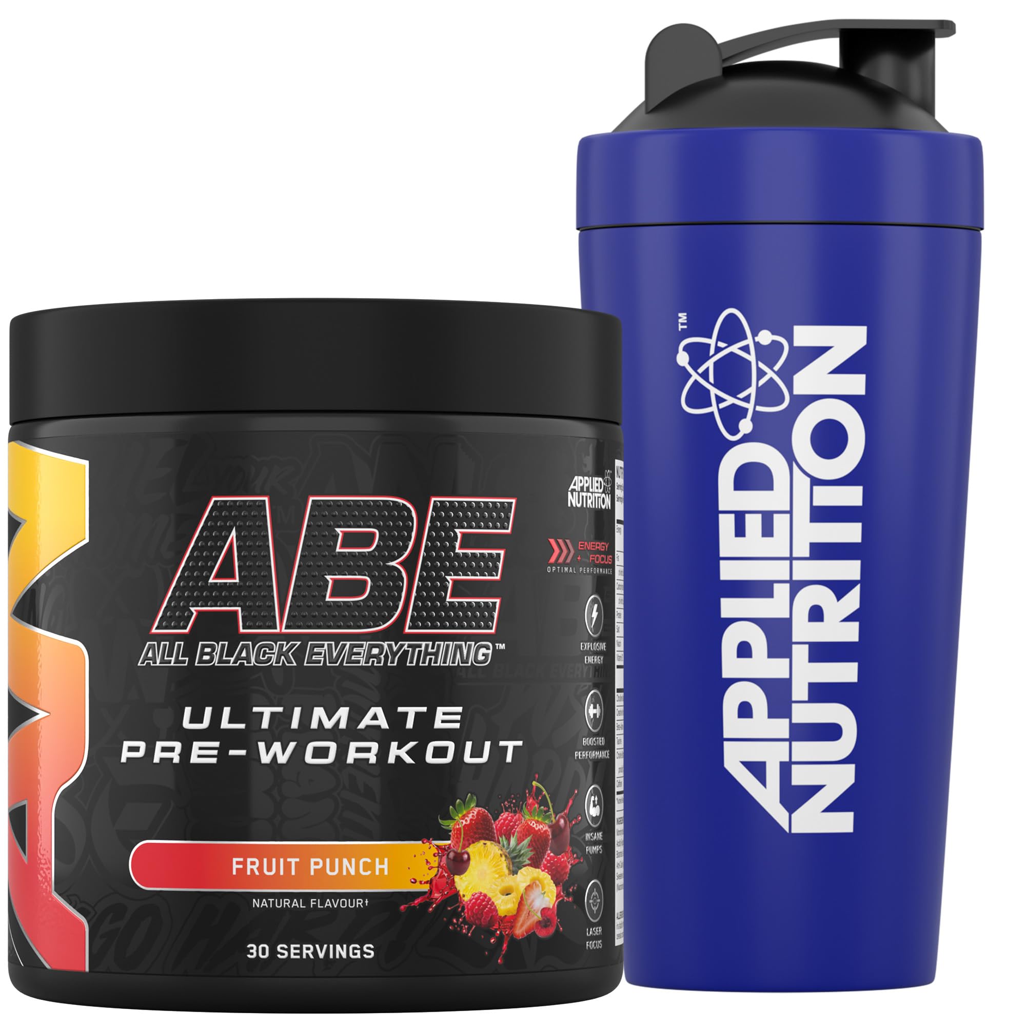Bundle ABE Pre Workout 375g + 750ml Steel Protein Shaker | All Black Everything Pre Workout Powder, Energy & Physical Performance with Creatine, Beta Alanine (Fruit Punch)