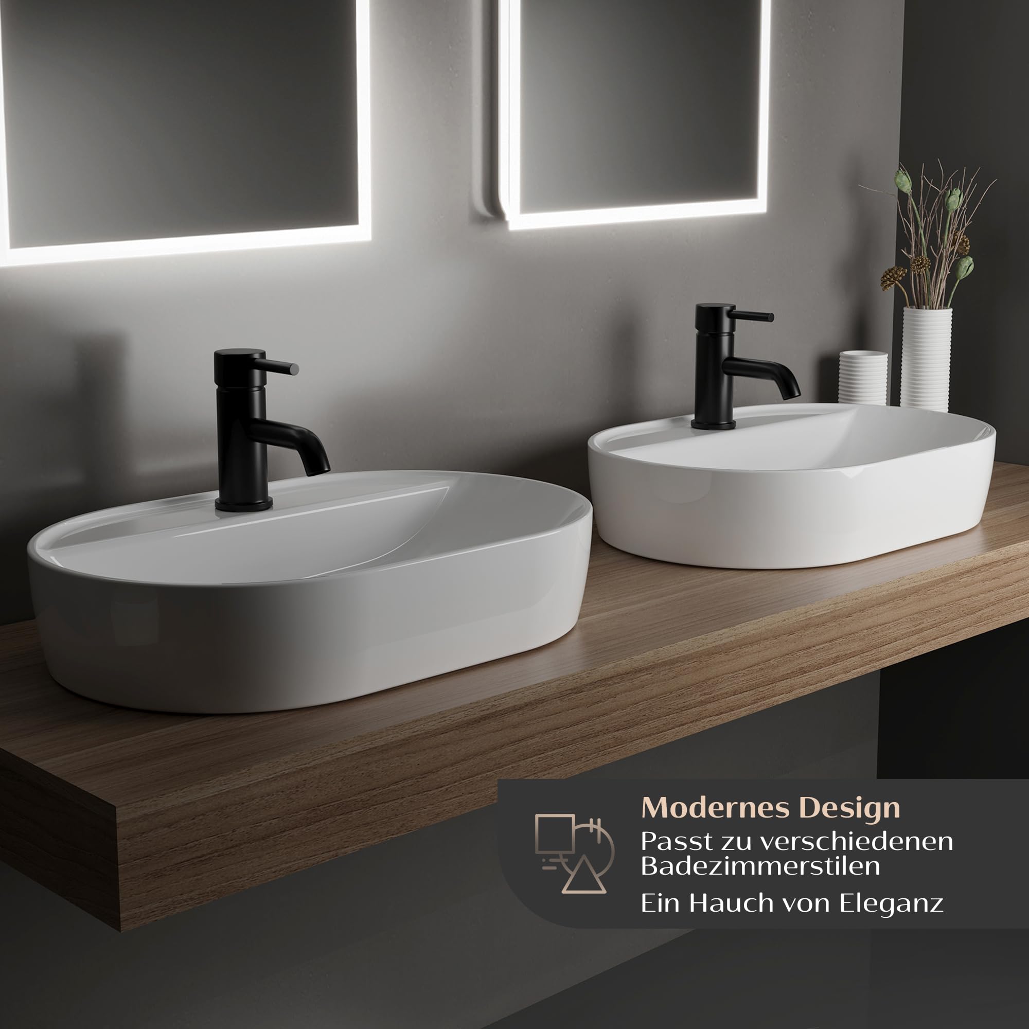 Alpenberger Waschbecken 60 cm Breit | Aufsatzwaschbecken Oval | Waschschüssel mit Nano für Badezimmer und Gäste WC | Waschtisch Klein | Waschschale mit Hahnloch