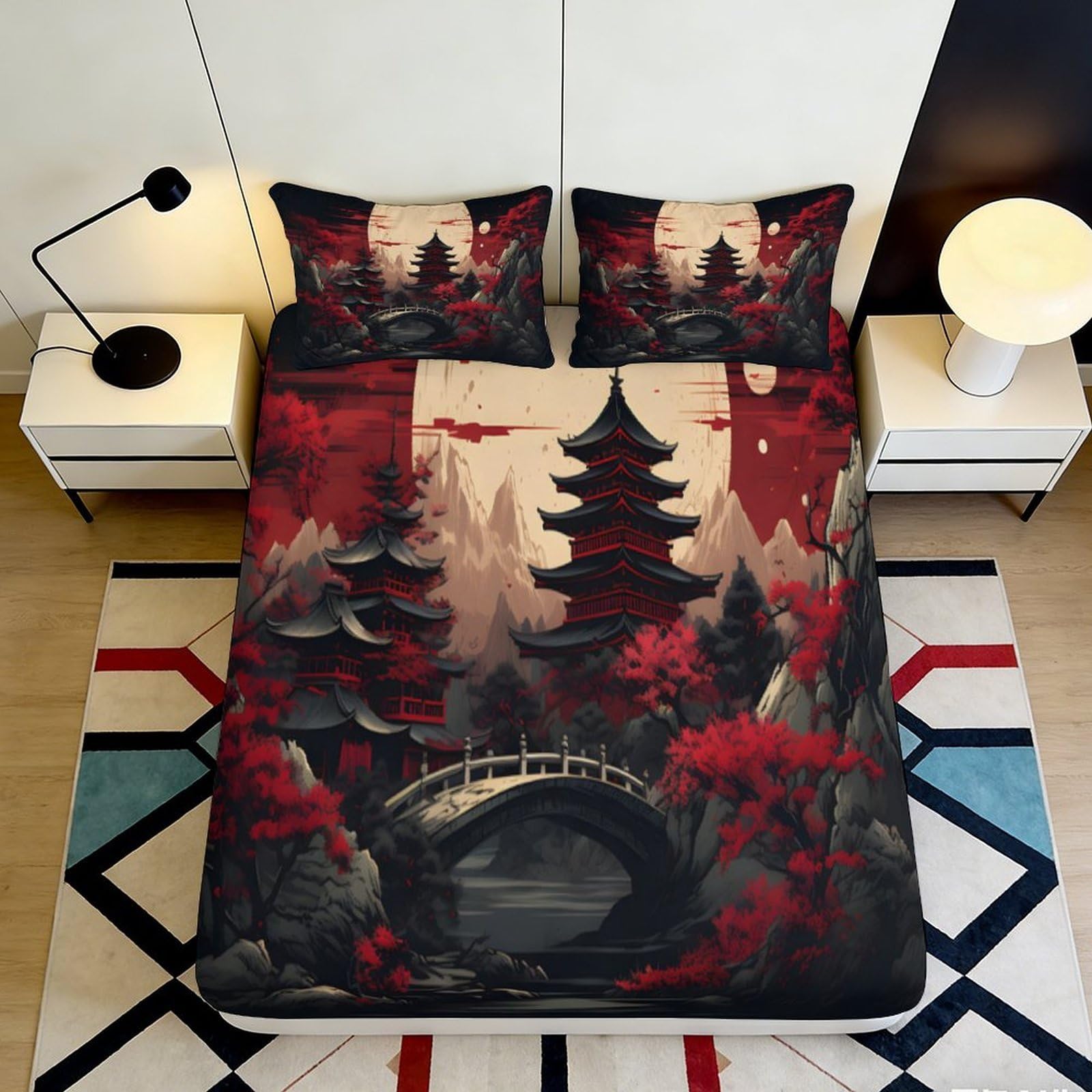 3D Printed Japanese Pagoda Fitted Sheet Microfiber Soft Breathable Red Maple Landscape Mattress Cover for Bedroom Guest Room Decor 90x200x25cm