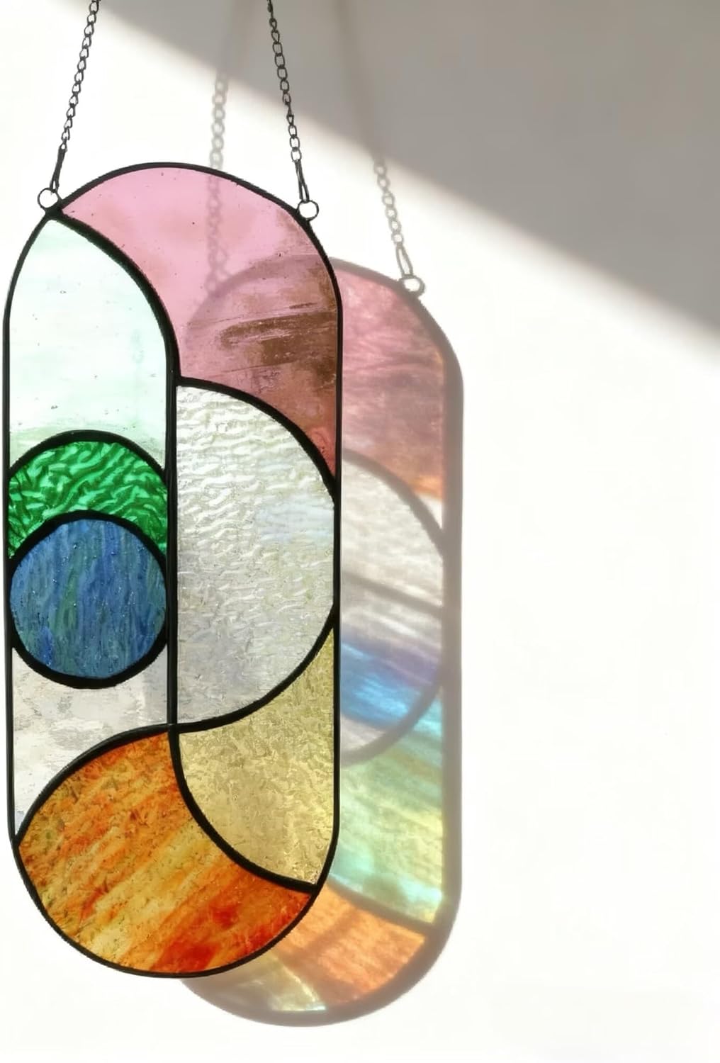 Geometric Design Style Suncatchers Stained Glass Window Panel,Beautiful Fairshaped Tiffany Style Stained Glass Window Hanging with Chain (Flowing Color)