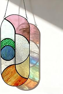 Geometric Design Style Suncatchers Stained Glass Window Panel,Beautiful Fairshaped Tiffany Style Stained Glass Window Hanging with Chain (Flowing Color)