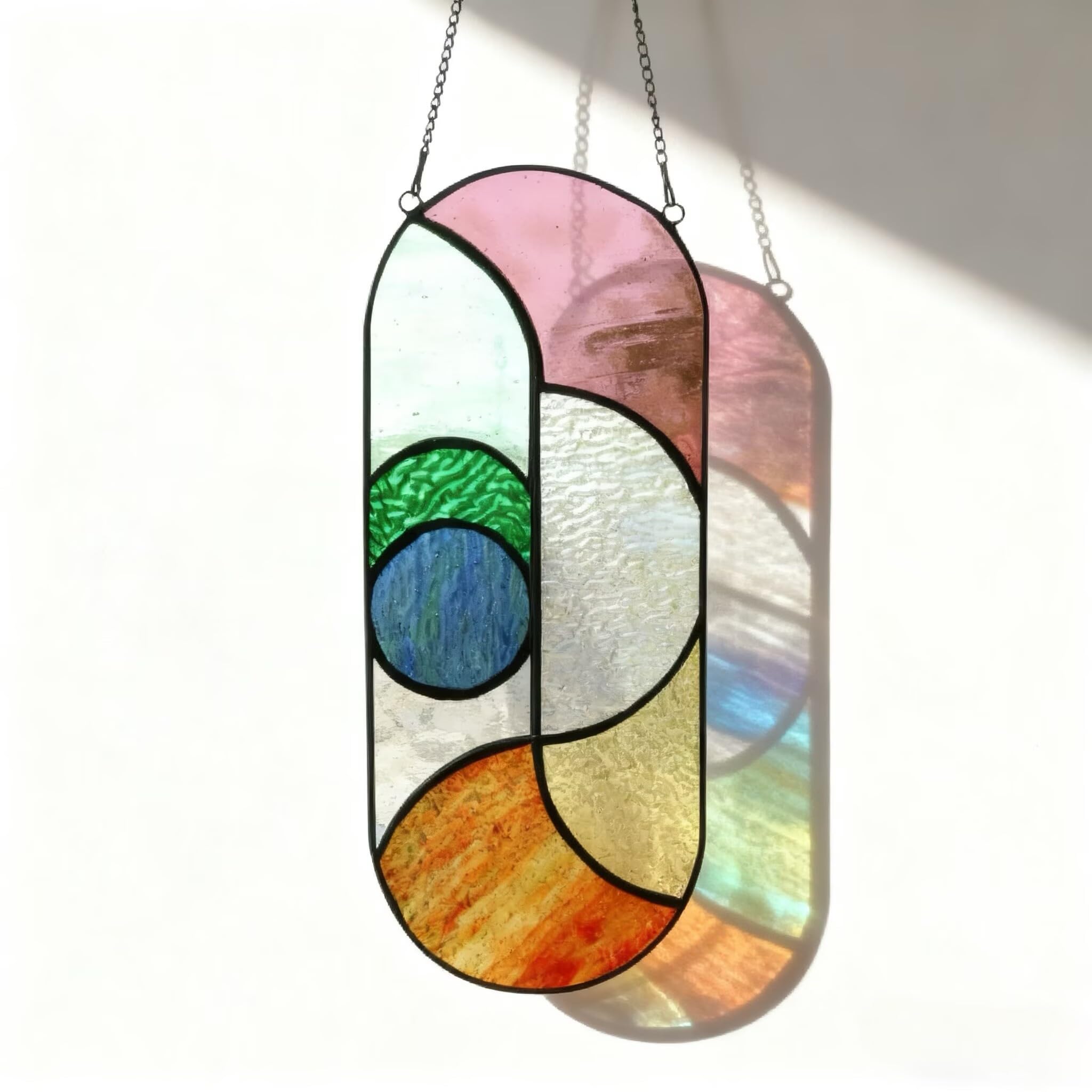 Photo 1 of Geometric Design Style Suncatchers Stained Glass Window Panel,Beautiful Fairshaped Tiffany Style Stained Glass Window Hanging with Chain (Flowing Color)