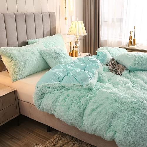 Miniatura 10 de Uhamho Juego de funda de edredón de terciopelo de pelo sintético esponjoso con fundas de almohada, ultra suave, cálido y duradero (verde manzana,