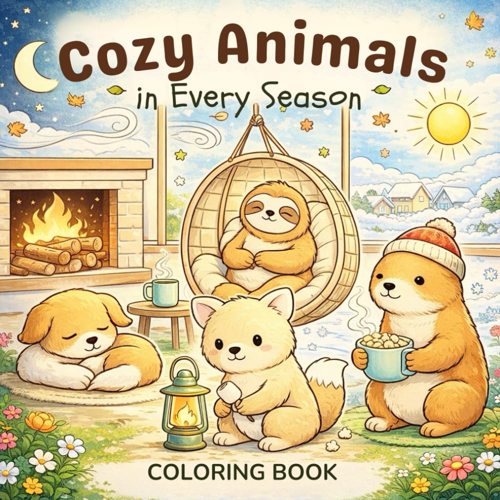 Cozy Animals in Every Season Coloring Book: Bold & Easy Cute Critters Across Rainy, Sunny & Snowy Days | Simple Big Spaces for Kids and Adults