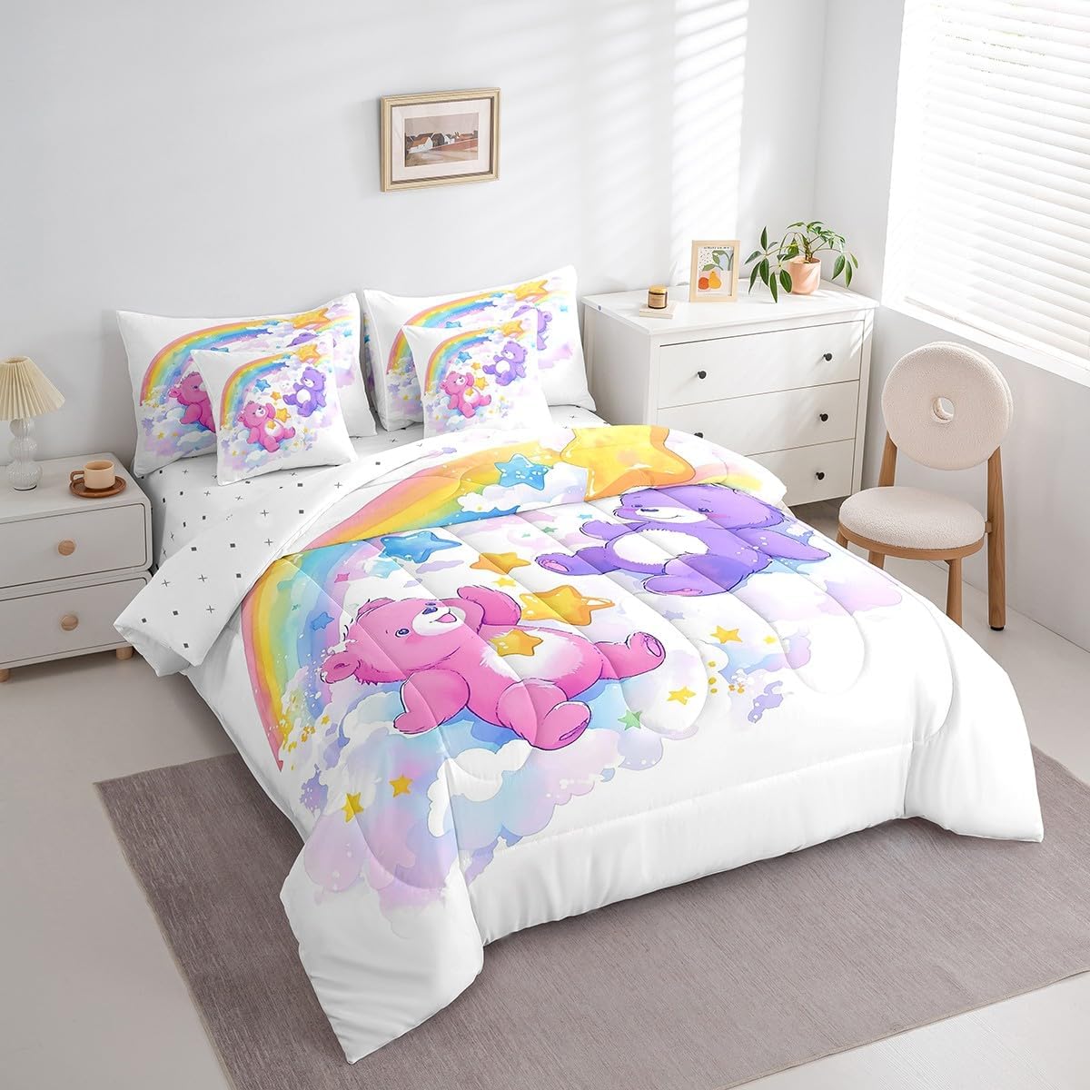 Cartoon Bear Reversible Comforter Set 7 Piece Full Size,Rainbow Stars Cloud Watercolor Painting Bed Sheet Set Cute Pink Purple Bear Kawaii Animal Bedding Set with Comforter,Fitted & Flat Sheet