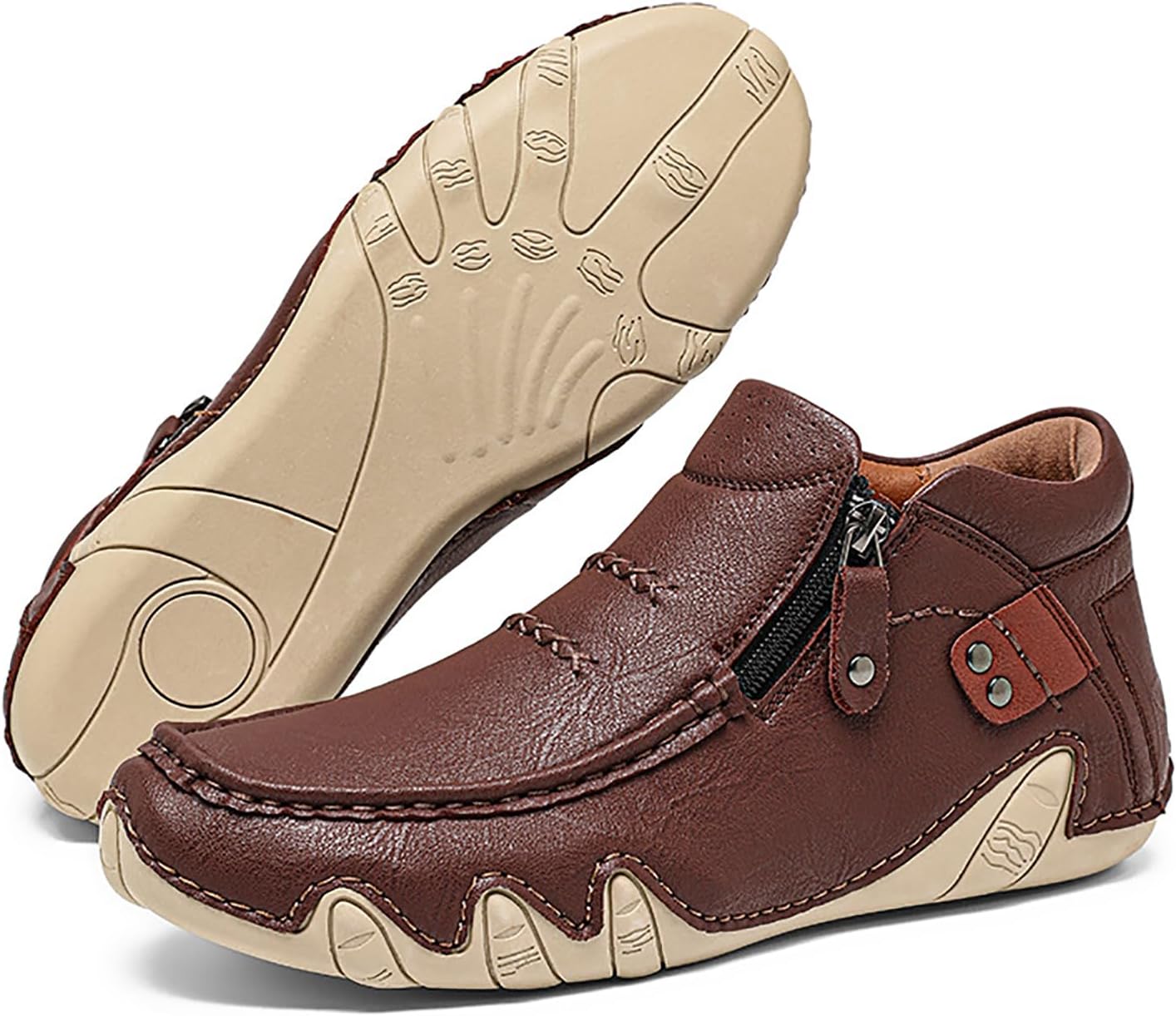 Men's Leather Hand Stitching High Top Ankle Boots Comfort Slip On Orthopedic Leather Boots Men Side Zipper Driving Hiking Casual Non-Slip Waterproof Driving Chukka Boots