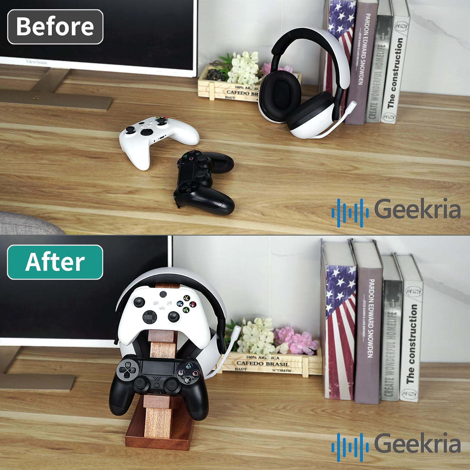 Geekria Supporto per controller e cuffie in legno massello, supporto per riporre il controller per PS4/PS5/Xbox/Switch/8BitDo, accessori universali per giochi da scrivania