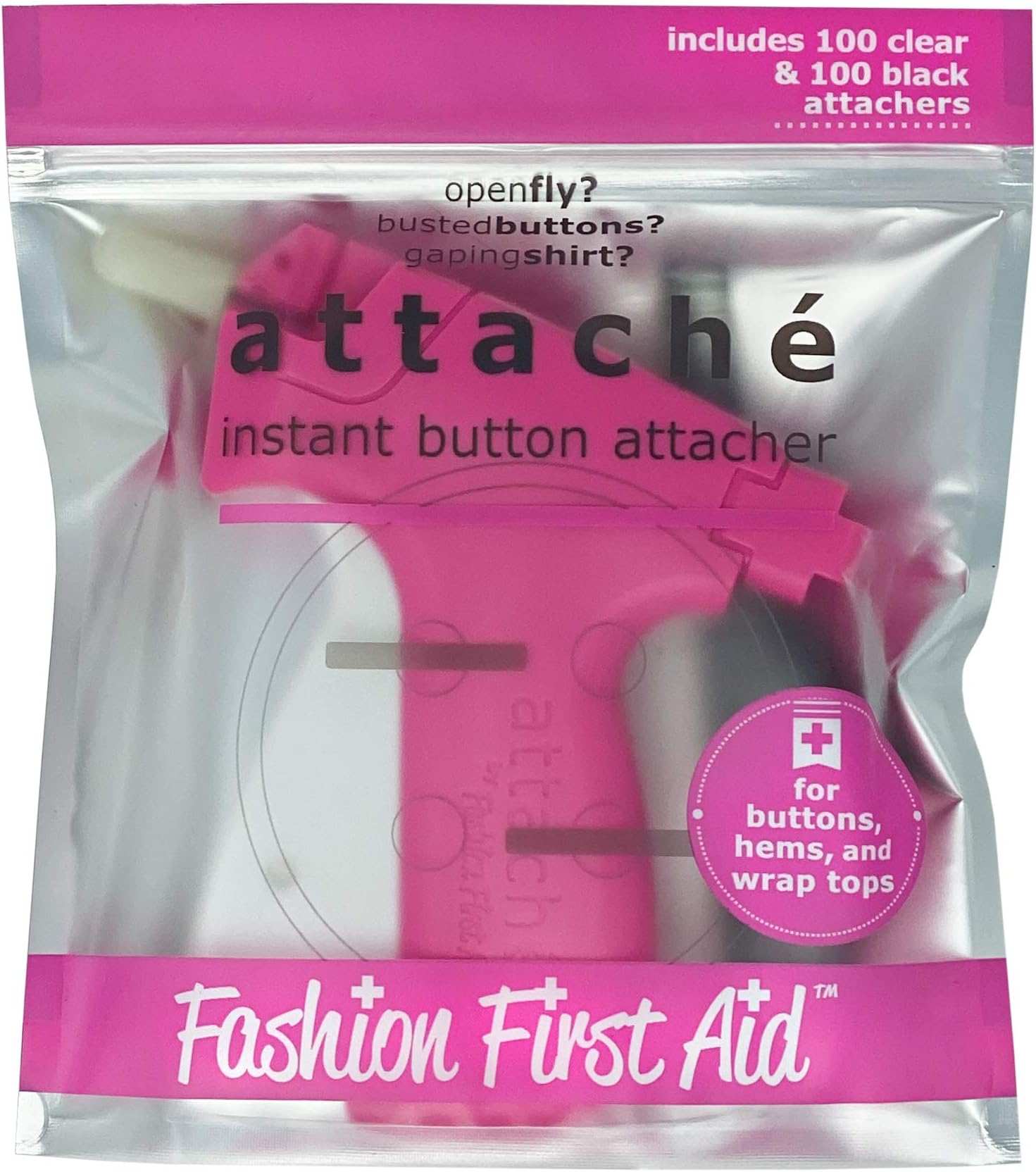 Fashion First AidAttaché 2.0: Instant Button Attacher, with 200 Clear & Black Fasteners, no sew Mini Sewing Machine for Quick Clothing Fixes Costumes Crafts