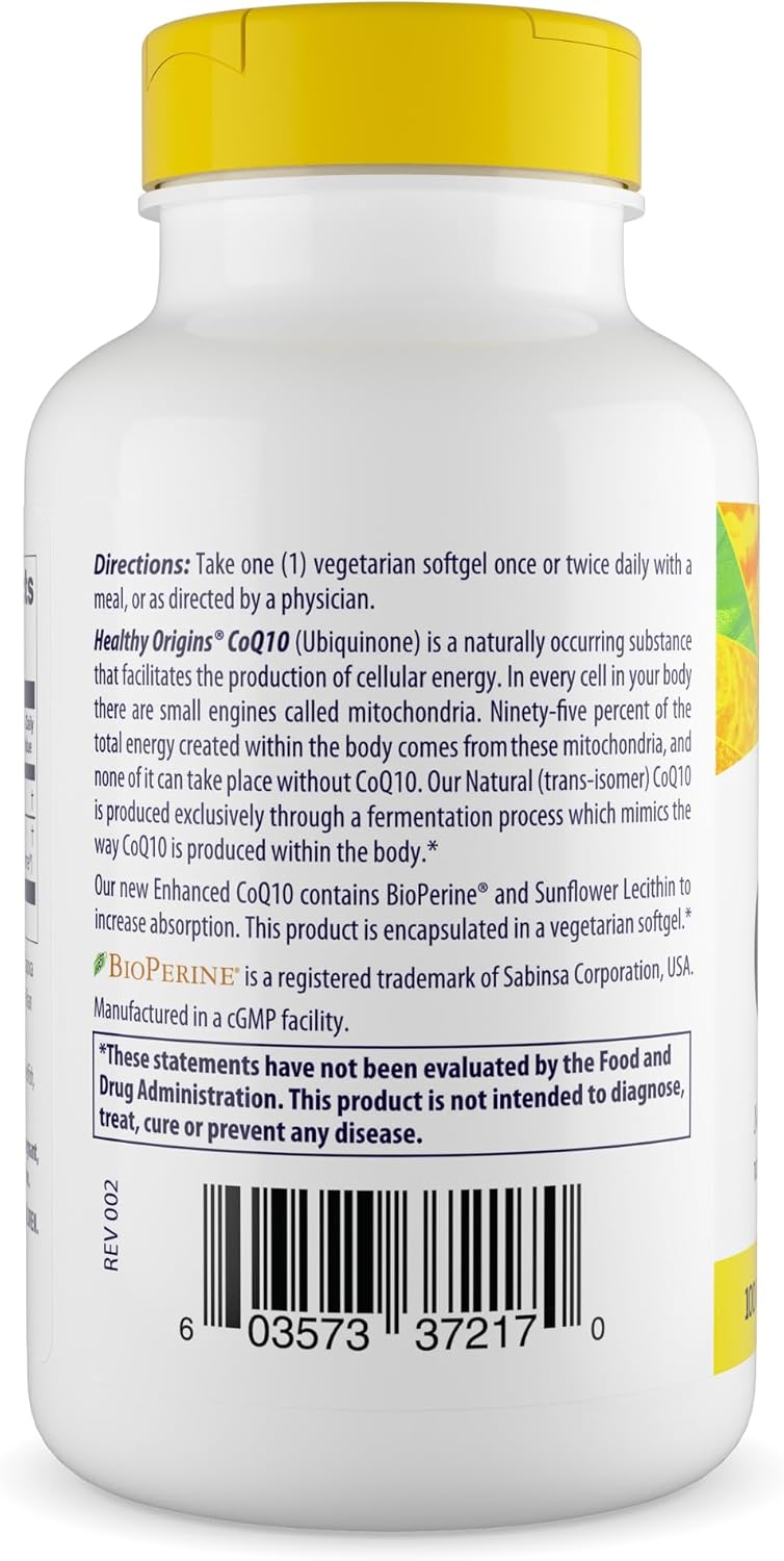 Healthy Origins Natural Enhanced CoQ10 (BioPerine®), 100 mg - Heart Health & Energy Supplement - Gluten-Free & Non-GMO Supplements, with BioPerine & Sunflower Lecithin ((Pack of 1) 150 Veggie Gels) - Image 2