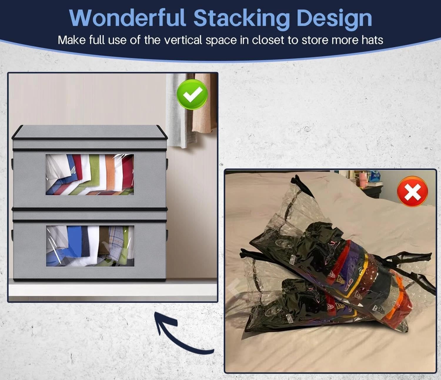 for Stackable Hat Organzier for Caps, 2 PCS Hat Storage Boxes for Closet Ho