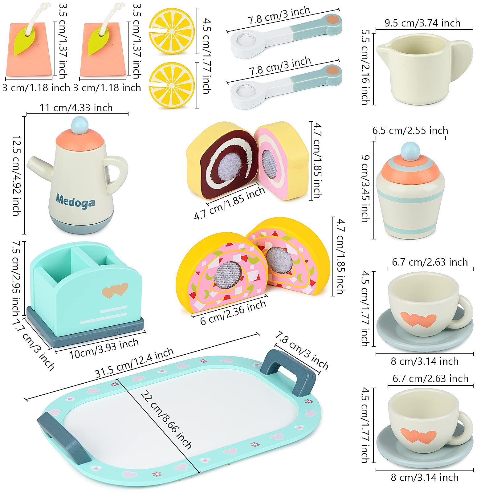 Set da tè giocattolo in legno, accessori da cucina per bambini, cibo per far finta di giocare, per feste di 3, 4, 5 anni