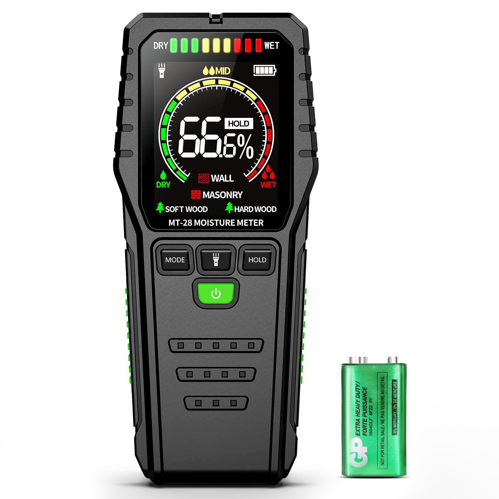 Misuratore e Rilevatore Umidità per Muri, Legno e Materiali da Costruzione, non Distruttivo con Display LCD e Allarme Sonoro