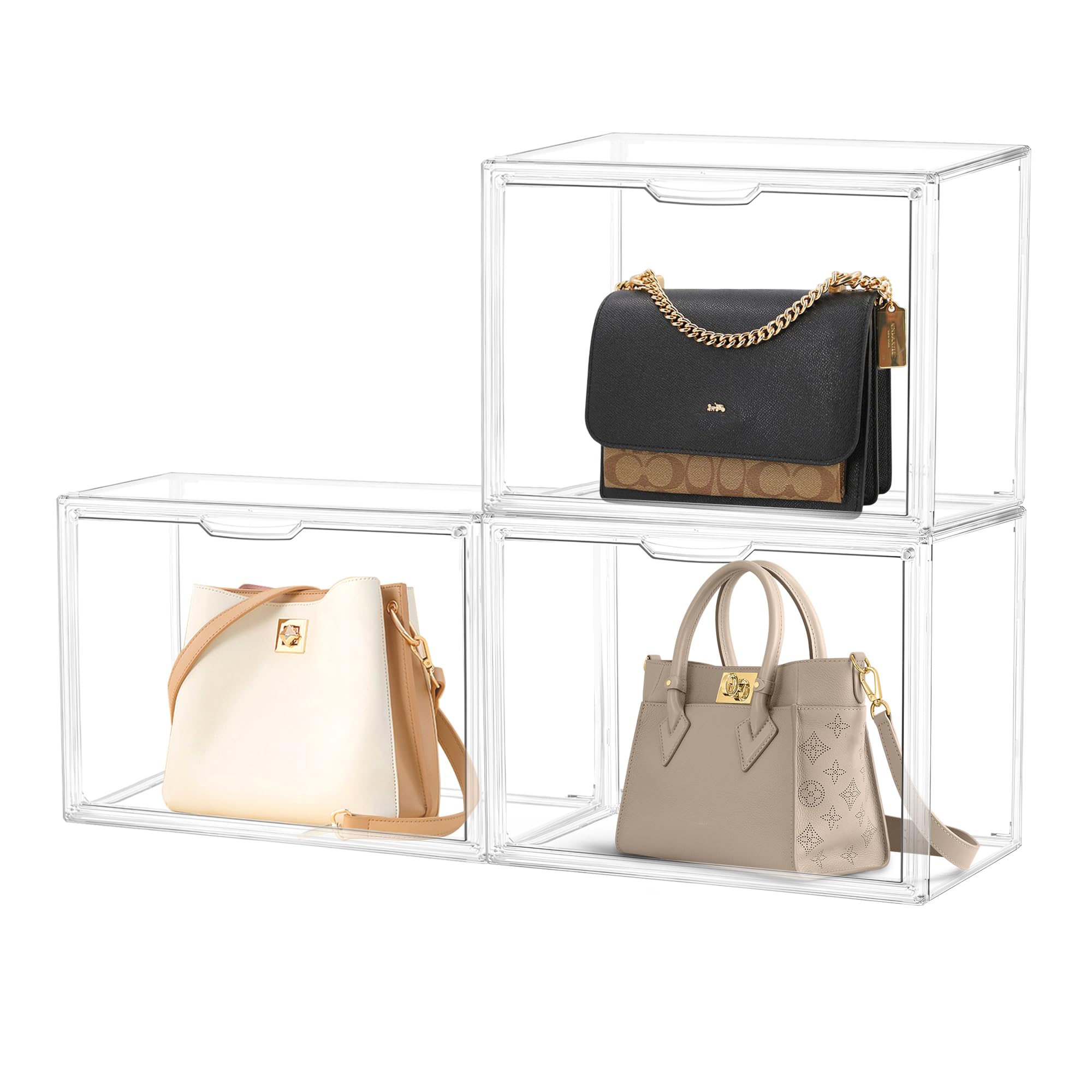Umisu 3 Pack Handbag Storage Organizer, Clear Acrylic Handbag Display Case with Magnetic Door, Luxury Stackable Purse & Clutch Storage Box, Plastic Organizers for Wallet, Books, Toys, Figures