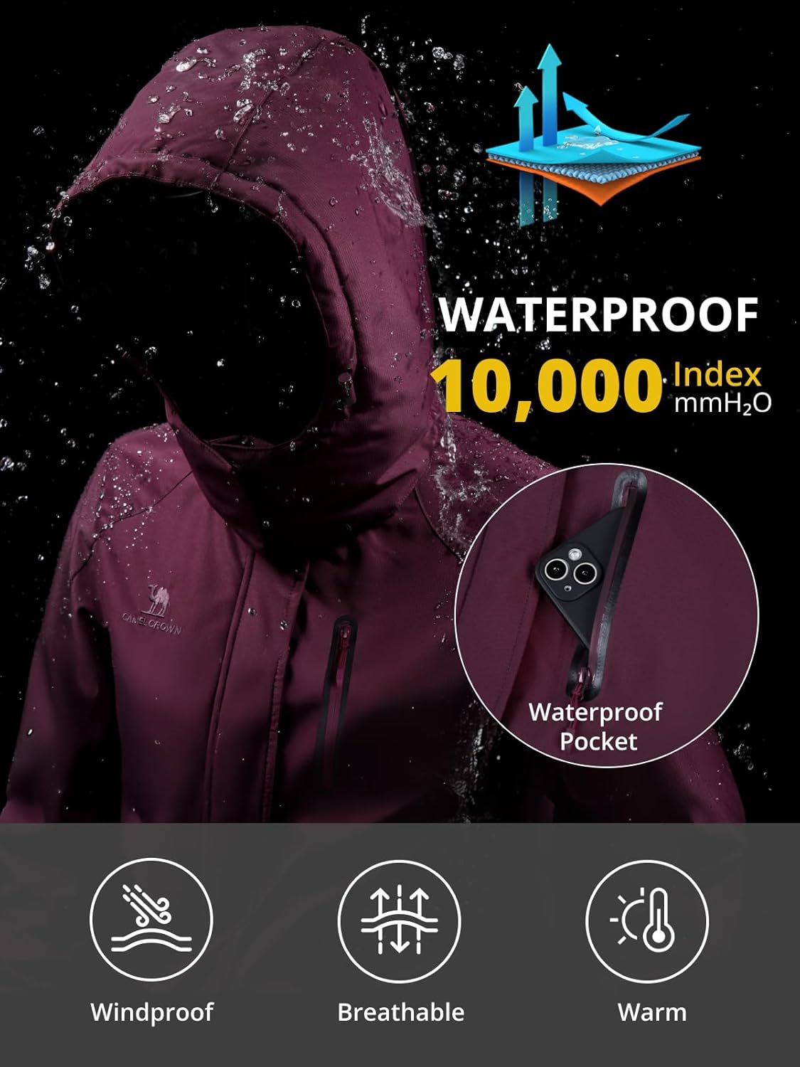 CAMEL CROWN Women's Warm Winter Ski Jackets Waterproof Snow Coat with Hood Mountain Windproof Rain Jacket - Image 3