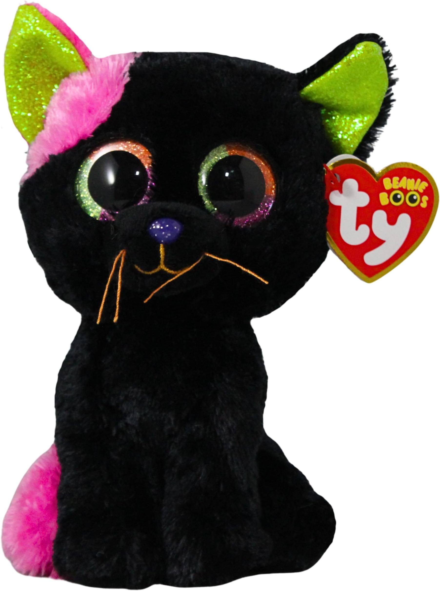 Beanie Boos - Licorice the Black Kitten with Large Green Eyes Purple and Orange and Glitter, the Plush with Big Sparkly Eyes - Halloween Special - 15 cm - T37350