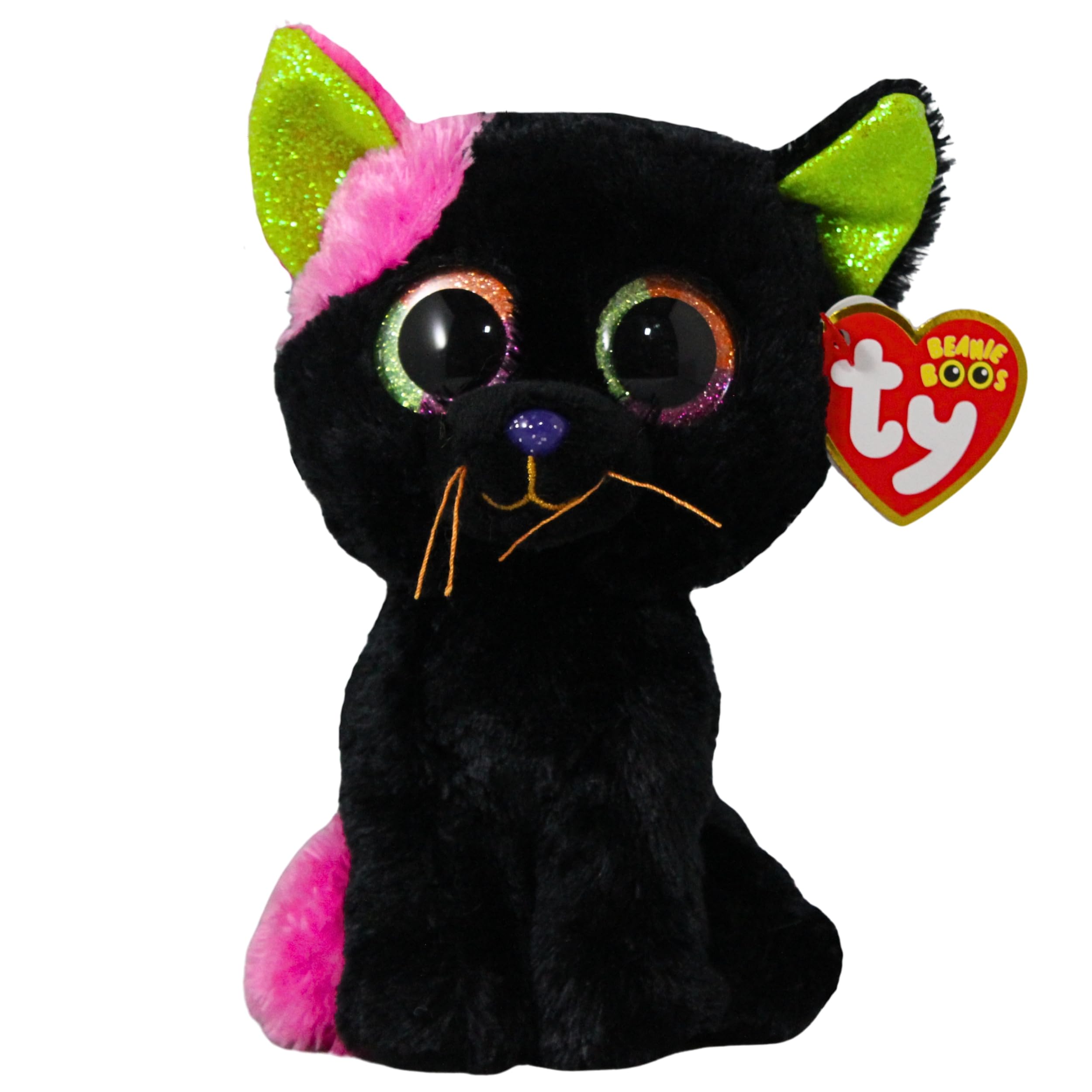 Ty Beanie Boos - Licorice the Black Kitten with Large Green Eyes Purple and Orange and Glitter, the Plush with Big Sparkly Eyes - Halloween Special - 15 cm - T37350