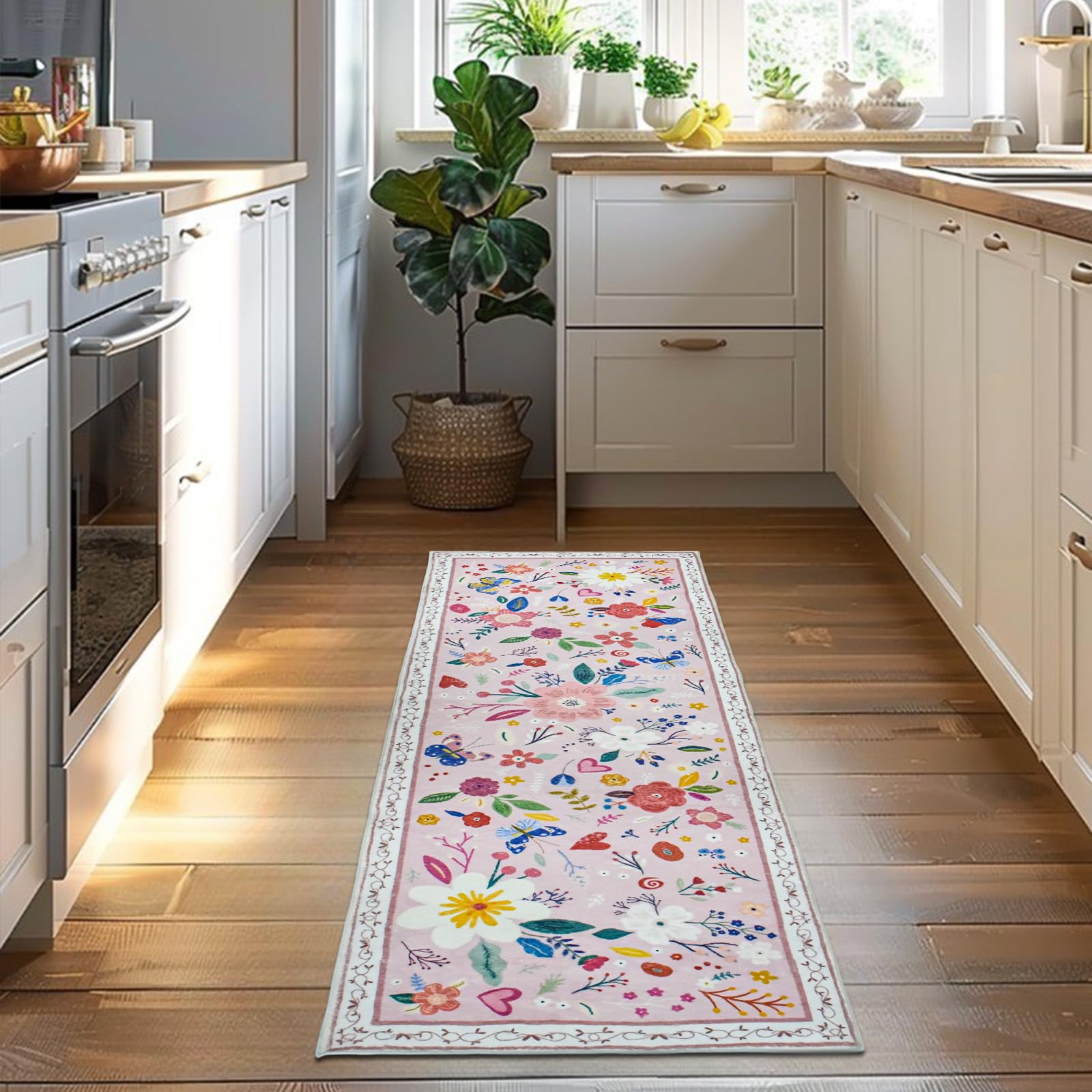 Avezano Tappeto runner per corridoio, antiscivolo, 60 x 182 cm, lavabile in lavatrice, per cucina, lavanderia, zona floreale, per corridoio, ingresso, cucina, lavanderia (rosa)