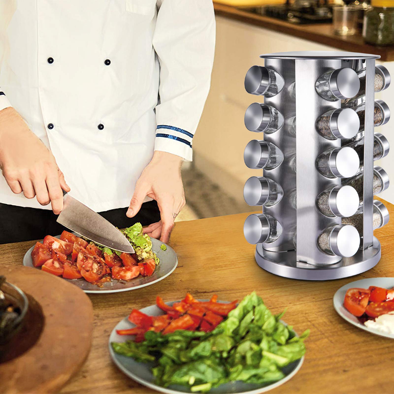 Porta Spezie in Acciaio Inox con 20 Barattoli Spezie-360 ° Portaspezie Girevole-Torre Portaspezie da Banco,Per Casa e Cucina,Facile da Pulire,Decorazione in stile artistico