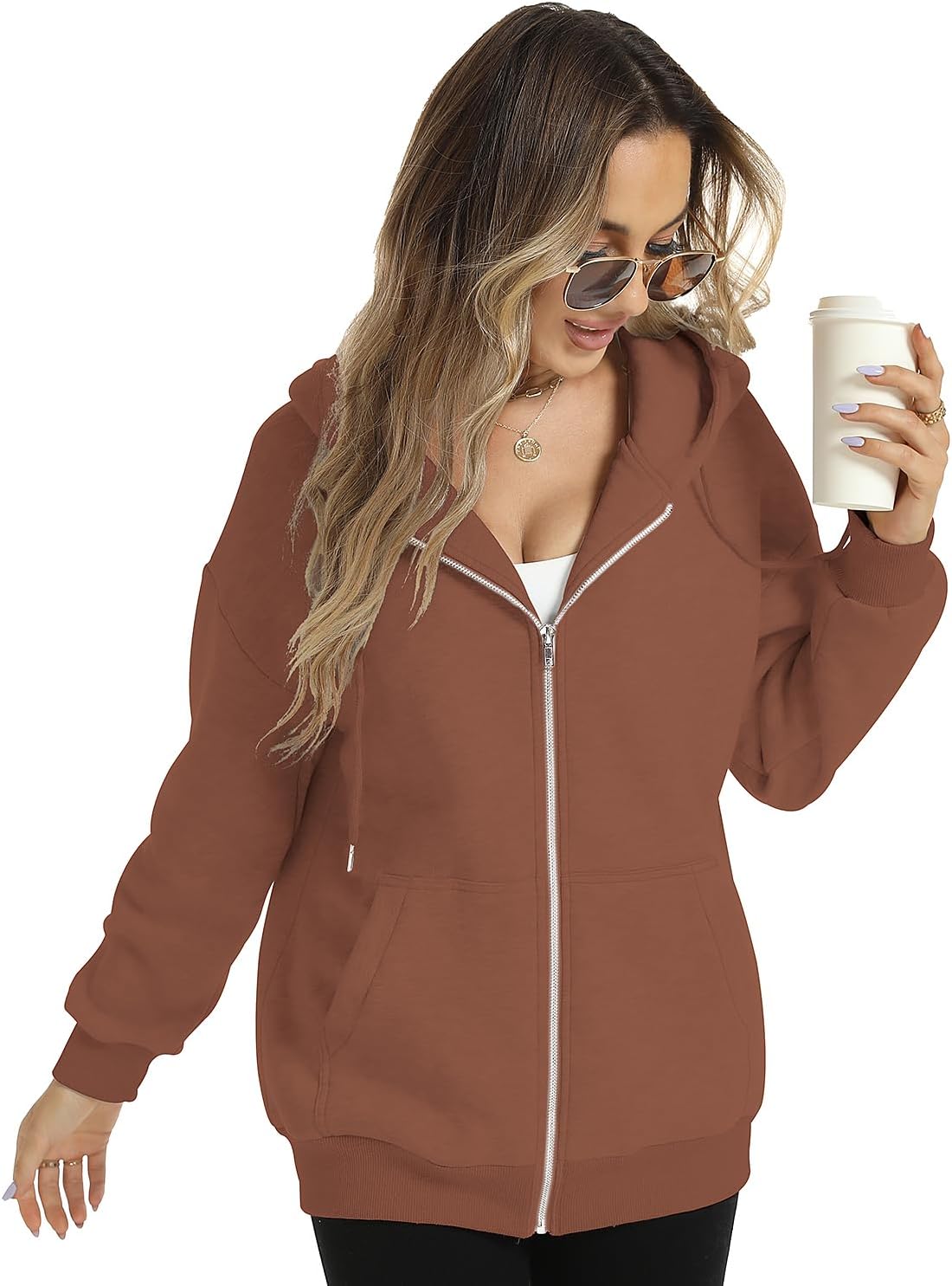 FANCYINN Womens Zip Up Hoodies Long Sleeve Oversized Sweatshirts Casual Drawstring Fall Fleece Jacket with Pockets - Image 2