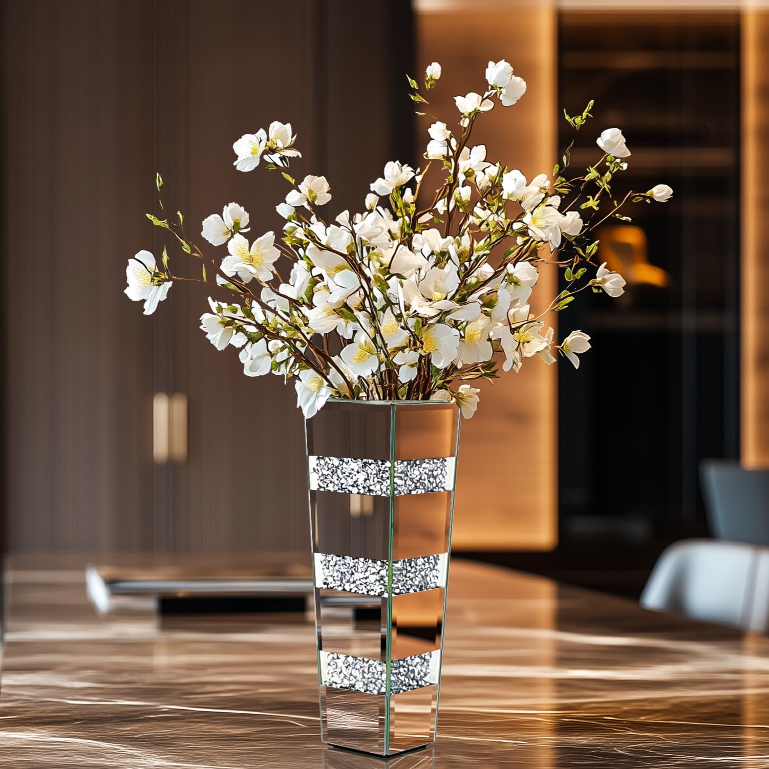 Artloge Tischvase Dekorative Vase 30cm Hoch: Silberne Vase Kristall für Pampasgras, Glas verspiegelte Diamanten Blumenvase für Wohnzimmer Esszimmer Büro– Kein Wasserhalt
