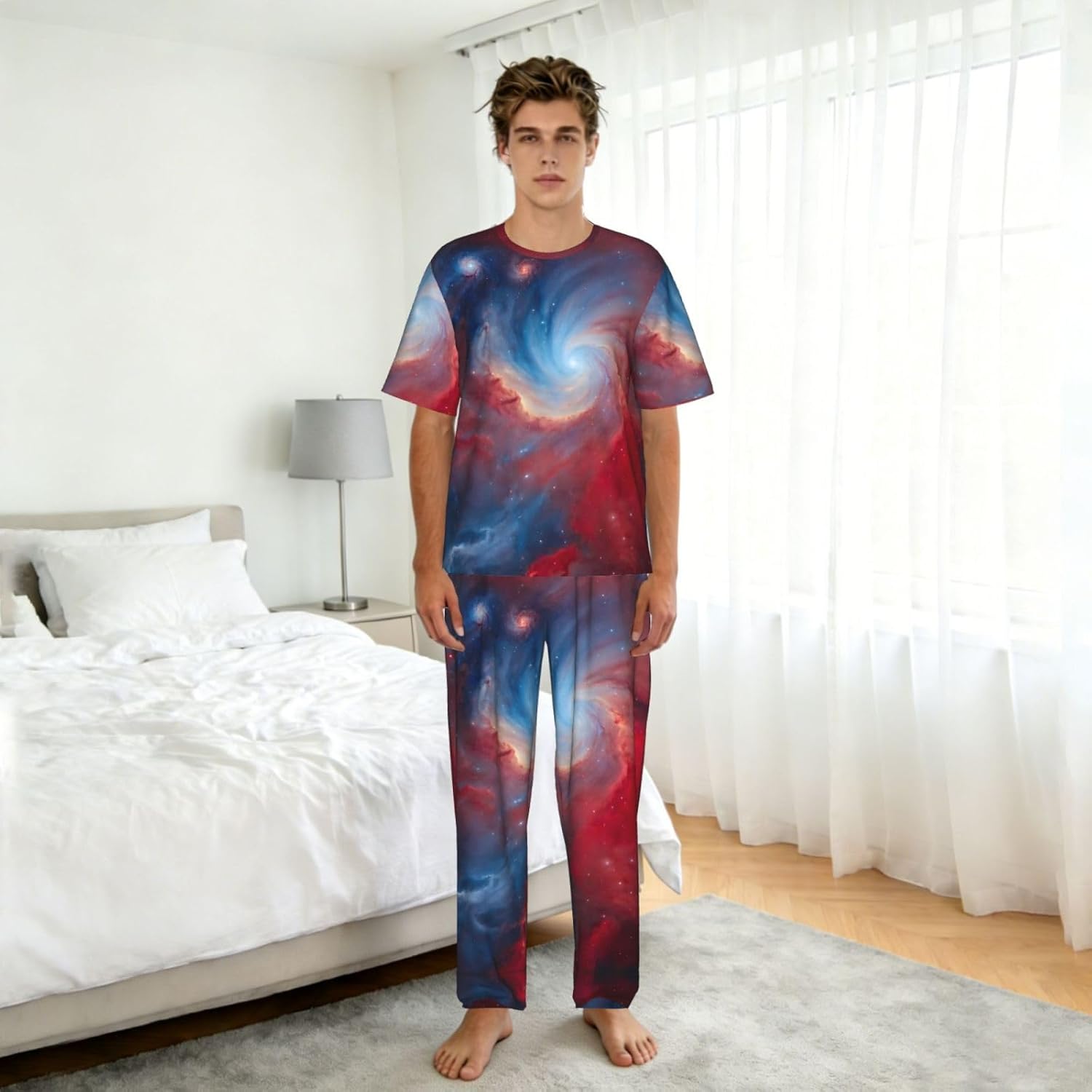 Men'S 2 Piece Loungewear Pajama Set Red Blue Galaxy Print Short Sleeve Tee Top And Pants Set S-3xl
