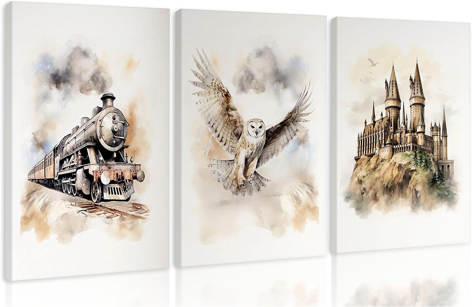 3 pcs Vintage Magic Canvas Wall Art Express Train Owl Magic Castle Picture Wall Decor Magic Lovers Kind and Honest Posters Print Artwork for Kids' Baby Nursery Home Decoration