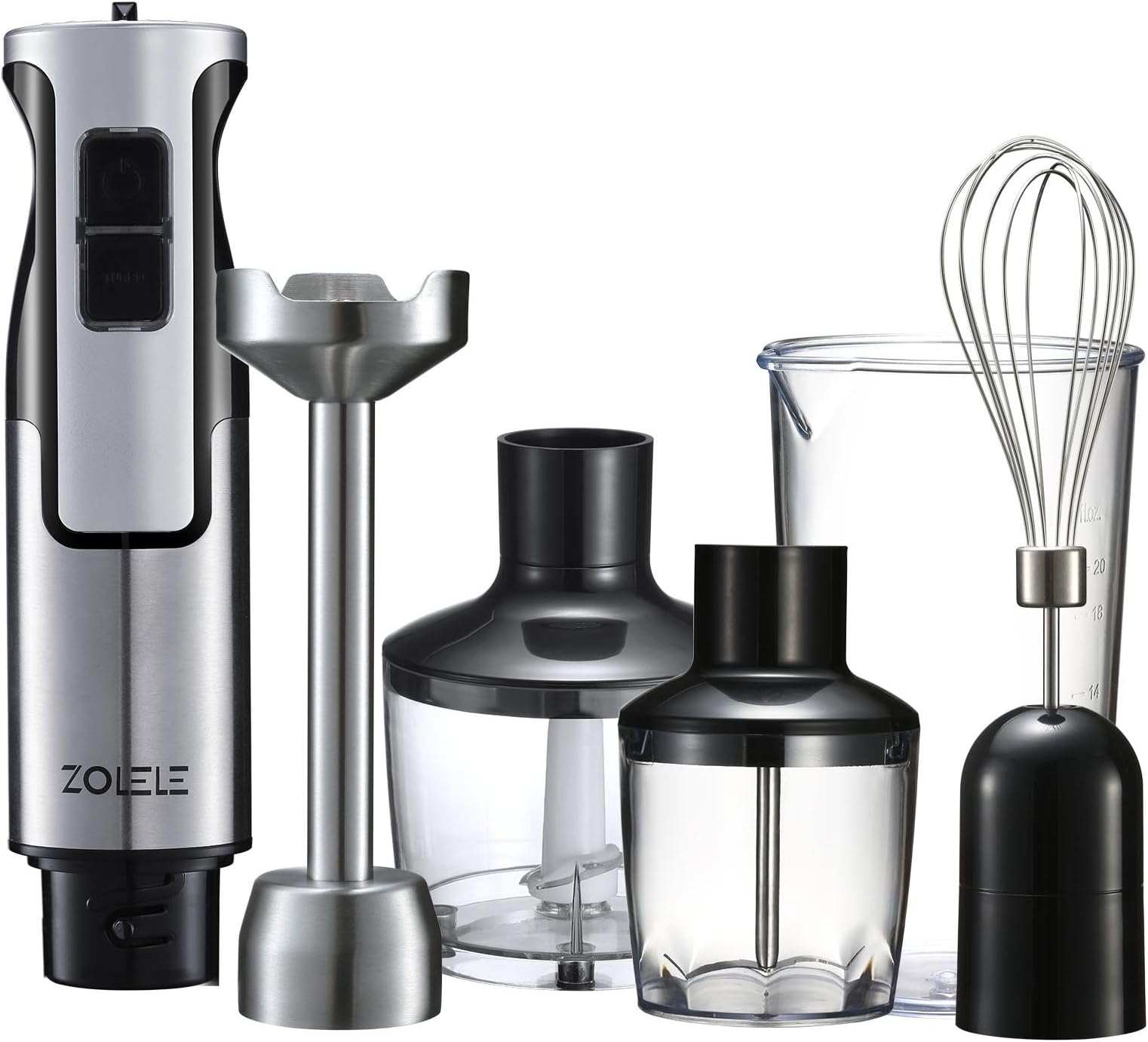 ZOLELE HB1200 4 in 1 Immersion Electric Hand Blender Powerful 4-in-1 Kitchen Appliance for Blending, Chopping, Whisking, and Pureeing with Low Noise 800W Motor, 20 Speeds, 4-in-1 Attachments - White
