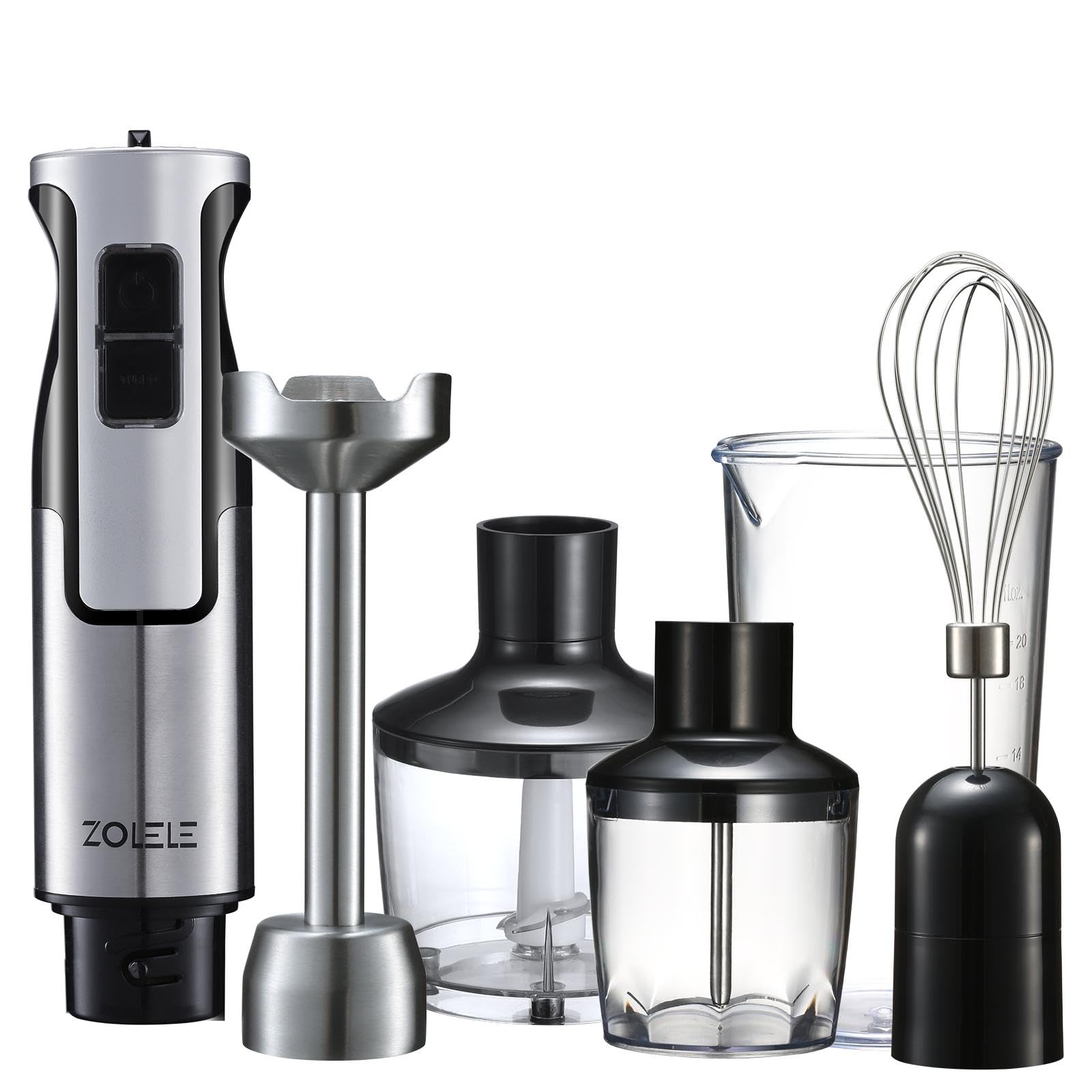 ZOLELE HB1200 4 in 1 Immersion Electric Hand Blender Powerful 4-in-1 Kitchen Appliance for Blending, Chopping, Whisking, and Pureeing with Low Noise 800W Motor, 20 Speeds, 4-in-1 Attachments - White