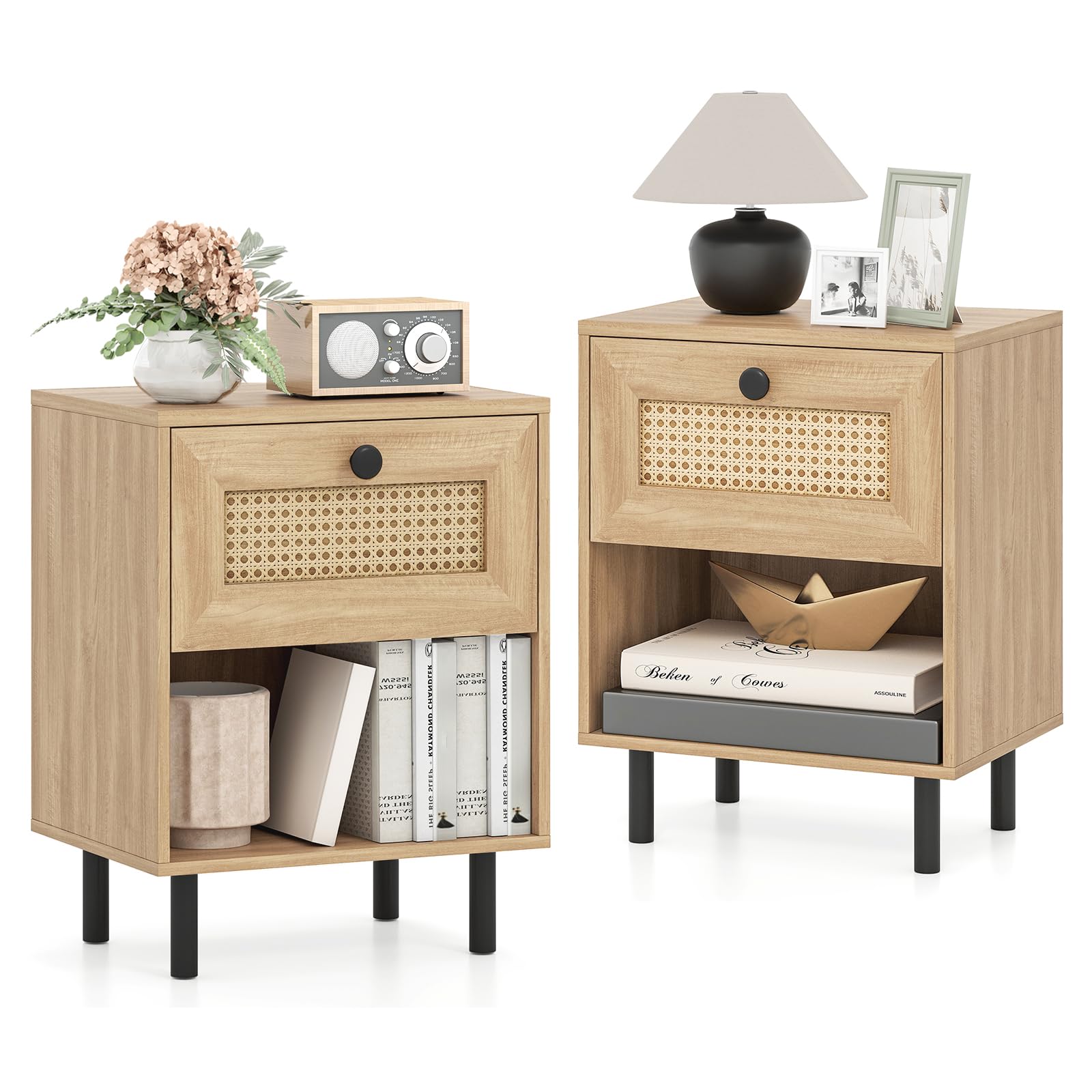 COSTWAY Rattan Bedside Table, End Sofa Side Table with Drawer (2, Natural)