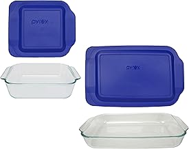 Pyrex Bundle - 4 Items: (1) 222 2qt Glass dish with (1) 222-PC 2qt Blue Lid & (1) 233 3qt Glass Dish with (1) 233-PC 3qt Blue Lid