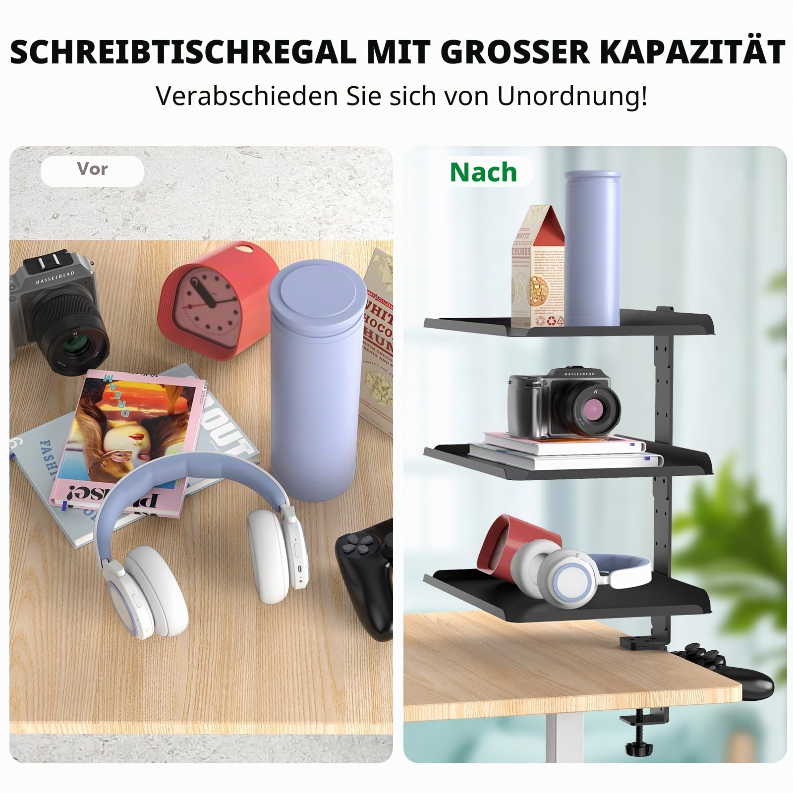 3 Stufen Clamp-On Schreibtisch Regalaufsatz mit Verstellbarem Ablagefach und Kopfhörerständer über oder Unter Schreibtisch Aufbewahrung kein Bohren rutschfest Schreibtisch Regal für Heim Büro