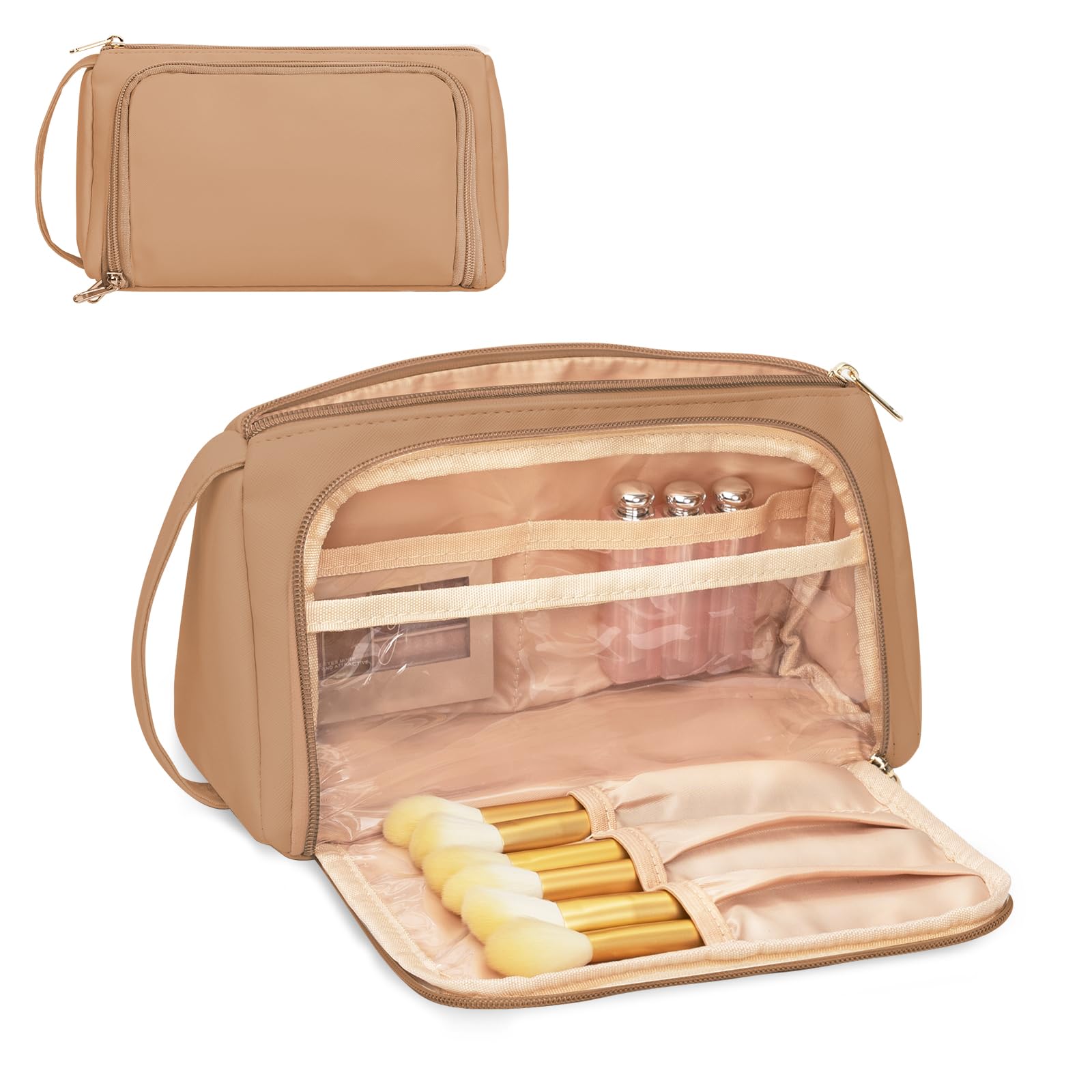 CUBETASTIC Kosmetiktasche für Damen, Reise-Make-up-Tasche mit Make-up-Pinselfach, tragbar, niedlicher Make-up-Organizer, Waschtasche, Kosmetik Aufbewahrung, Leder, kleiner Kulturbeutel für Reisen
