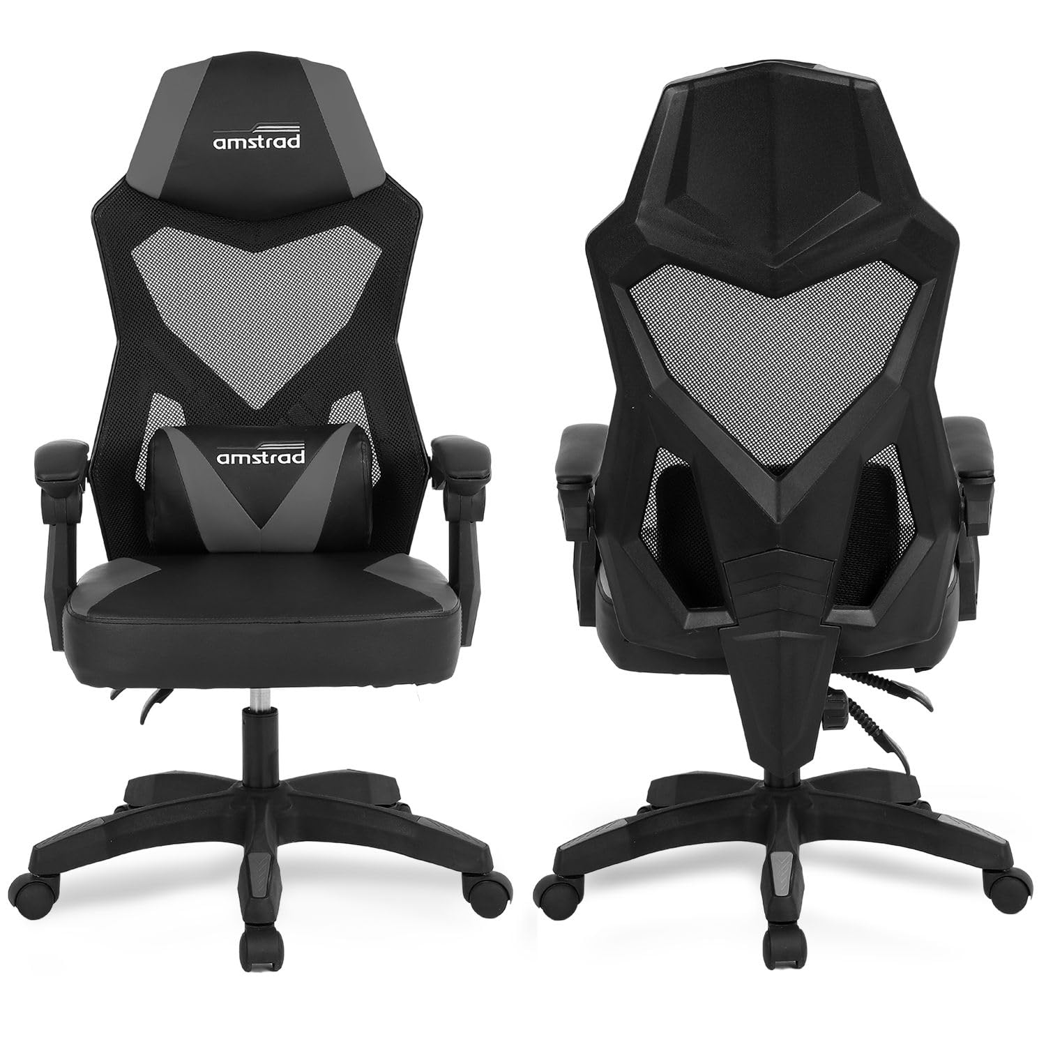 Silla Gaming Ergonómica, Malla Transpirable, Respaldo Reclinable 135°, Blanco y Negro