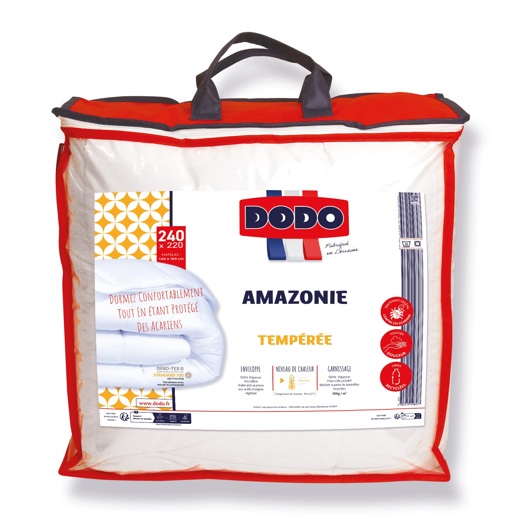 Dodo | Trapunta Temperata Sintetica 220 x 240 | Per letto matrimoniale | Trapunta Amazzonia, antiacaro e gonfiante, in fibra riciclata | Made in France | Lavabile in lavatrice a 40 °C