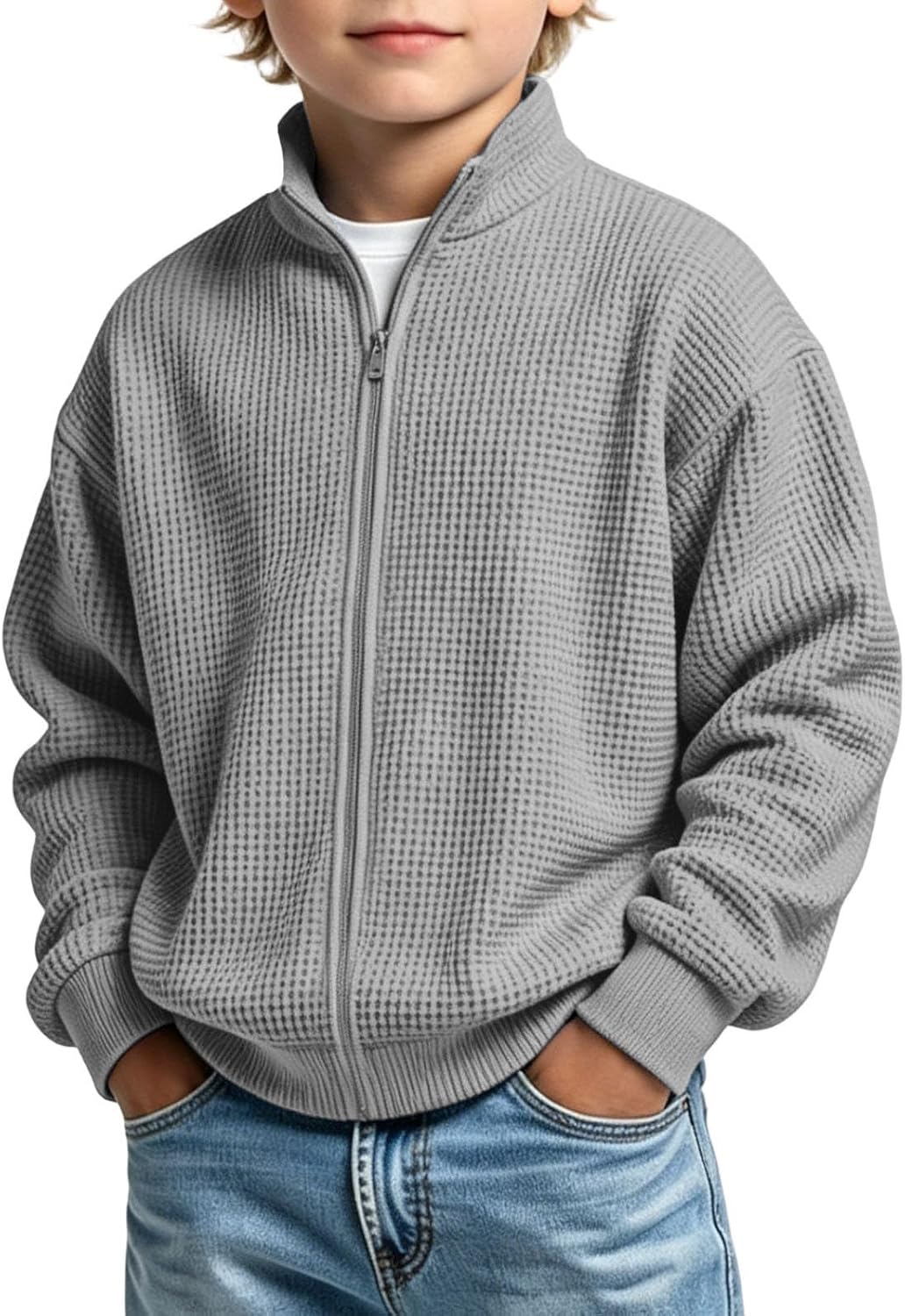 Boys Waffle Knit Zip Up Sweatshirt Casual Jacket Coat | Boys Waffle Knit Zip Up Sweatshirt With Stand Collar, Long Sleeves, Textured Fabric, Ribbed Trim, And Layering Style