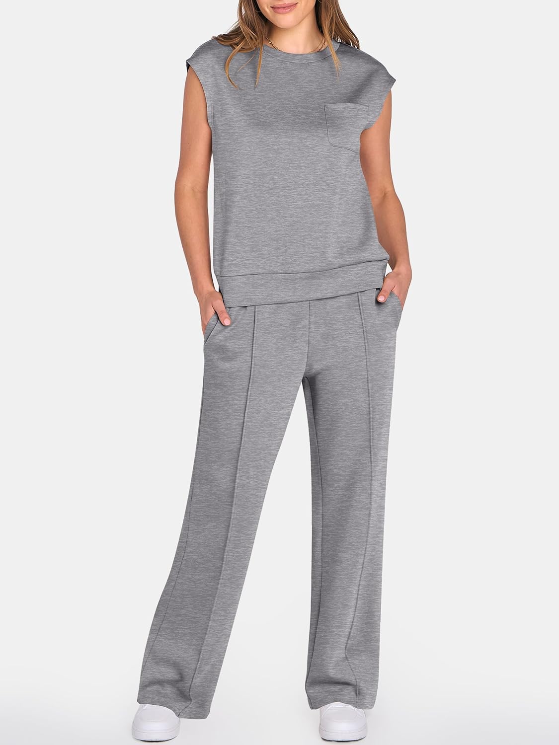 ANRABESS Two Piece Sets for Women 2026 Summer Travel Vacation Outfits Sleeveless Lounge Set Matching Wide Leg Pants Sweatsuit - Image 2