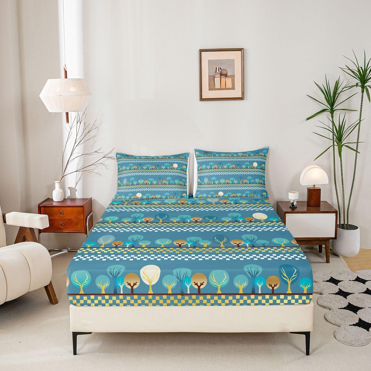 Manfei Juego de sábanas bajeras de 3 piezas, diseño de árbol de dibujos animados, geométrico, abstracto, con 2 fundas de almohada, decoración de habitación infantil y niña, suave (no se vende plana)