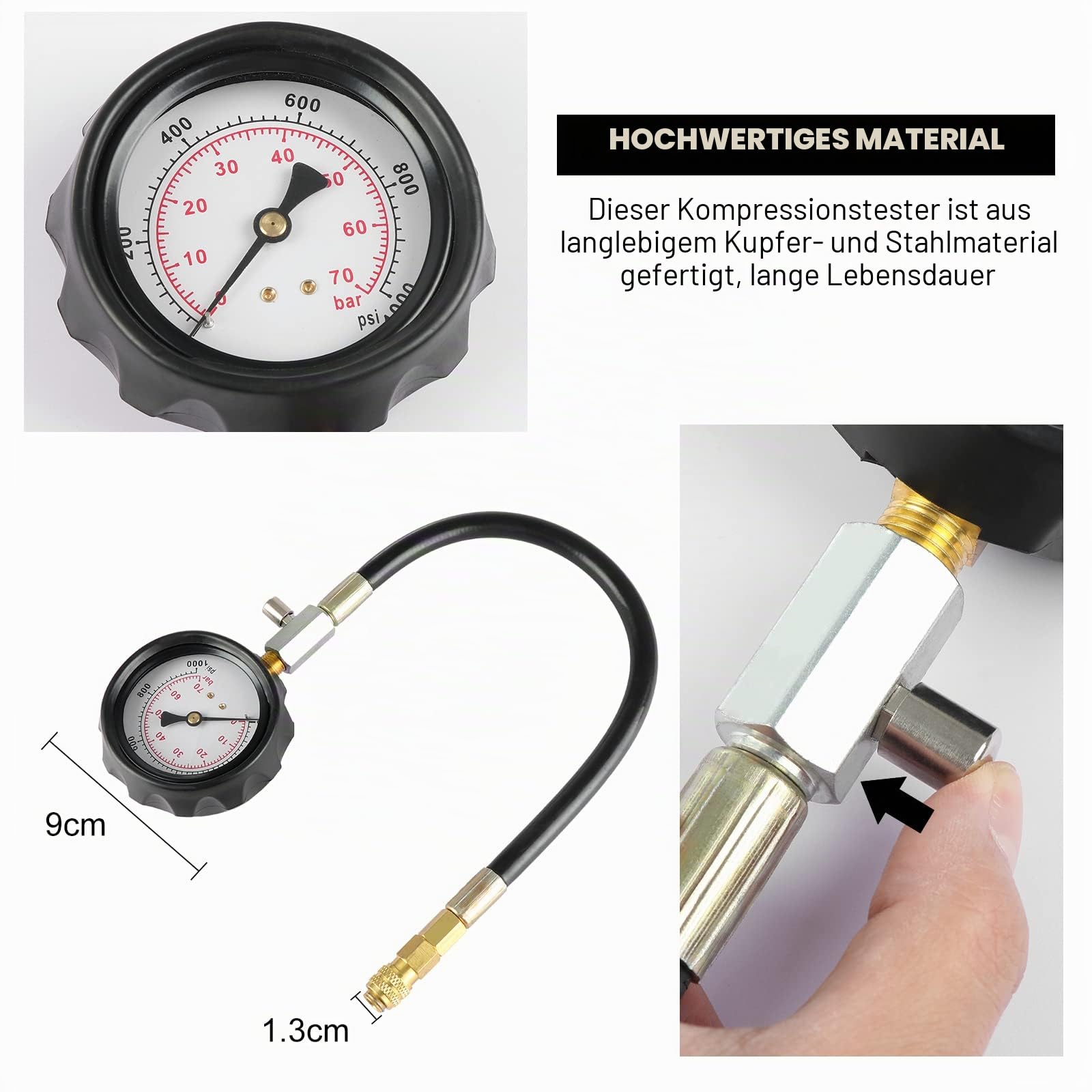 HSEAMALL Dieselmotor-Kompressionstester,TDI CDI Cylinder Pressure Diagnosis Tool,Auto Car Tractor Diesel Engine Testing Gauge Manometer Kit