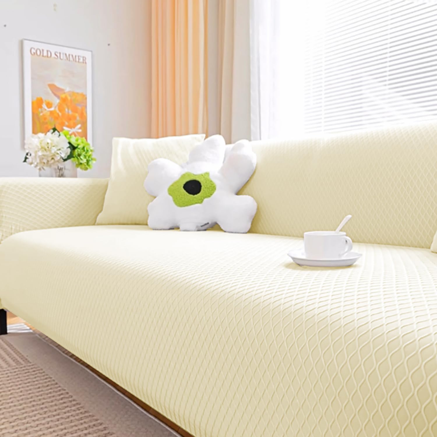 Lukzer Universal 1 Seater Polyester Sofa Cover with 1 Cushion Cover Soft Touching Flexible Stretch Slipcover (Pastel Yellow Curved Diamond Pattern/SC-087-01/90-140cm) (240 GSM) (B0DF2WKRDG) Amazon Price History, Amazon Price Tracker