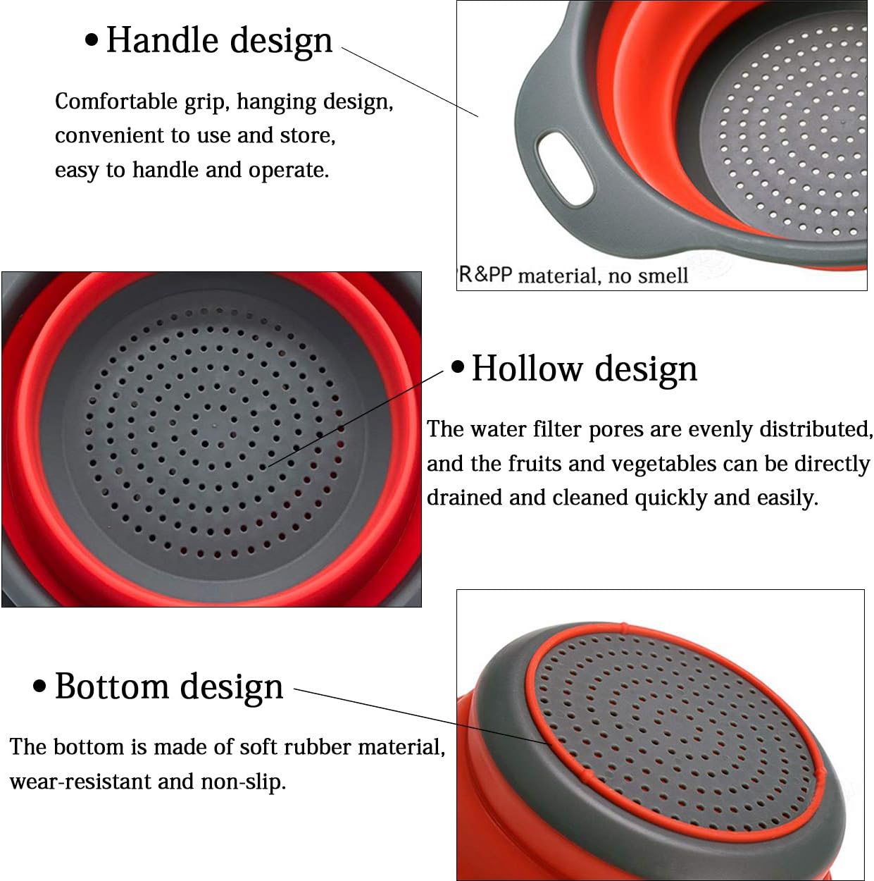 Collapsible Colanders Strainers Set 2 Pieces, Fruit and Vegetable Cleaning Filter Basket, Food-grade Silicone Foldable Kitchen Drain Strainers with Handle, Dishwasher for Draining Pasta, Veggies Red