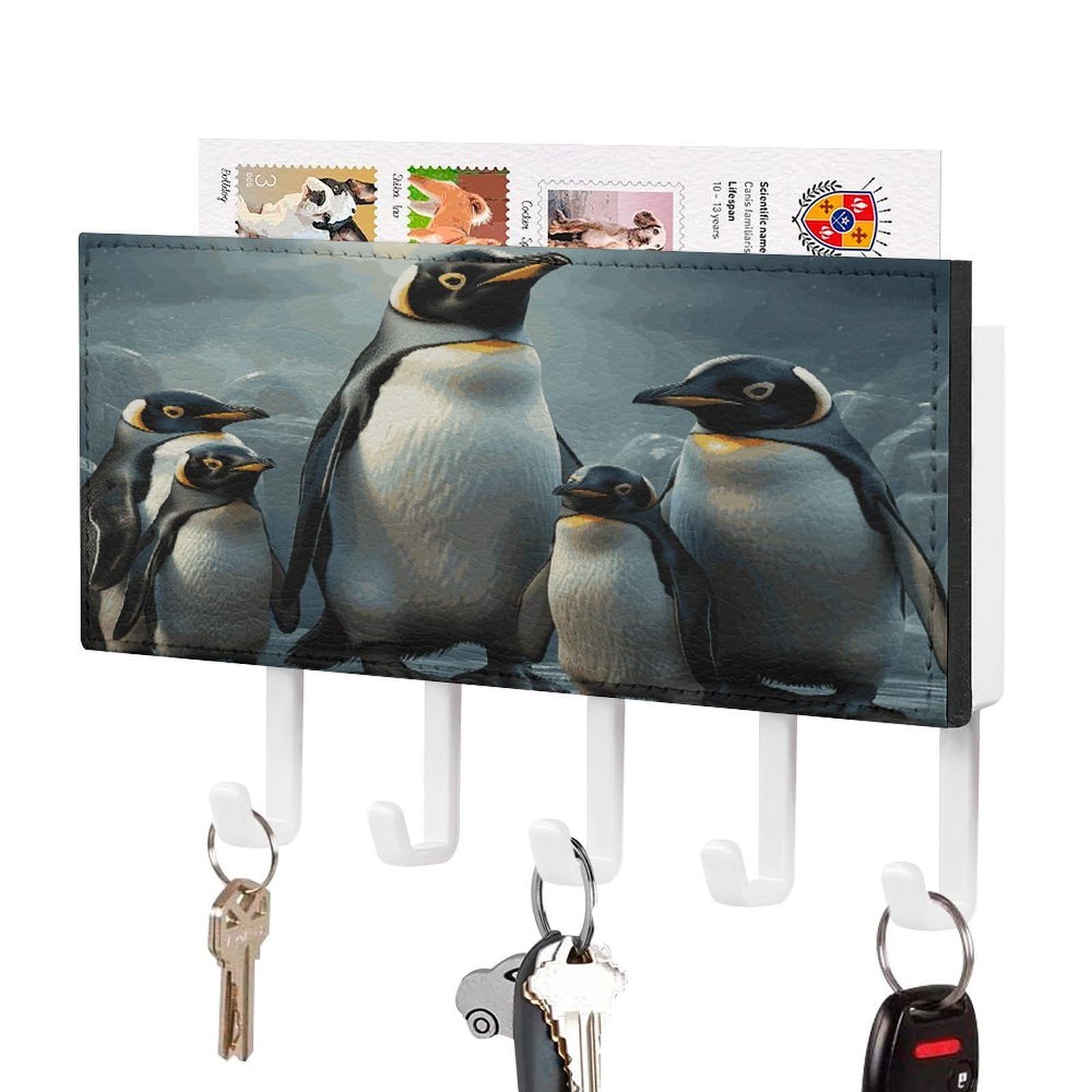 Fekiloot White-Style Penguin Family Key Holder Wall Mount Key Hanger With 5 Hooks Decorative Key Rack Hanging Key Hooks With Mail Organizer Key Holder For Wall Living Room Kitchen Bathroom Hallway White