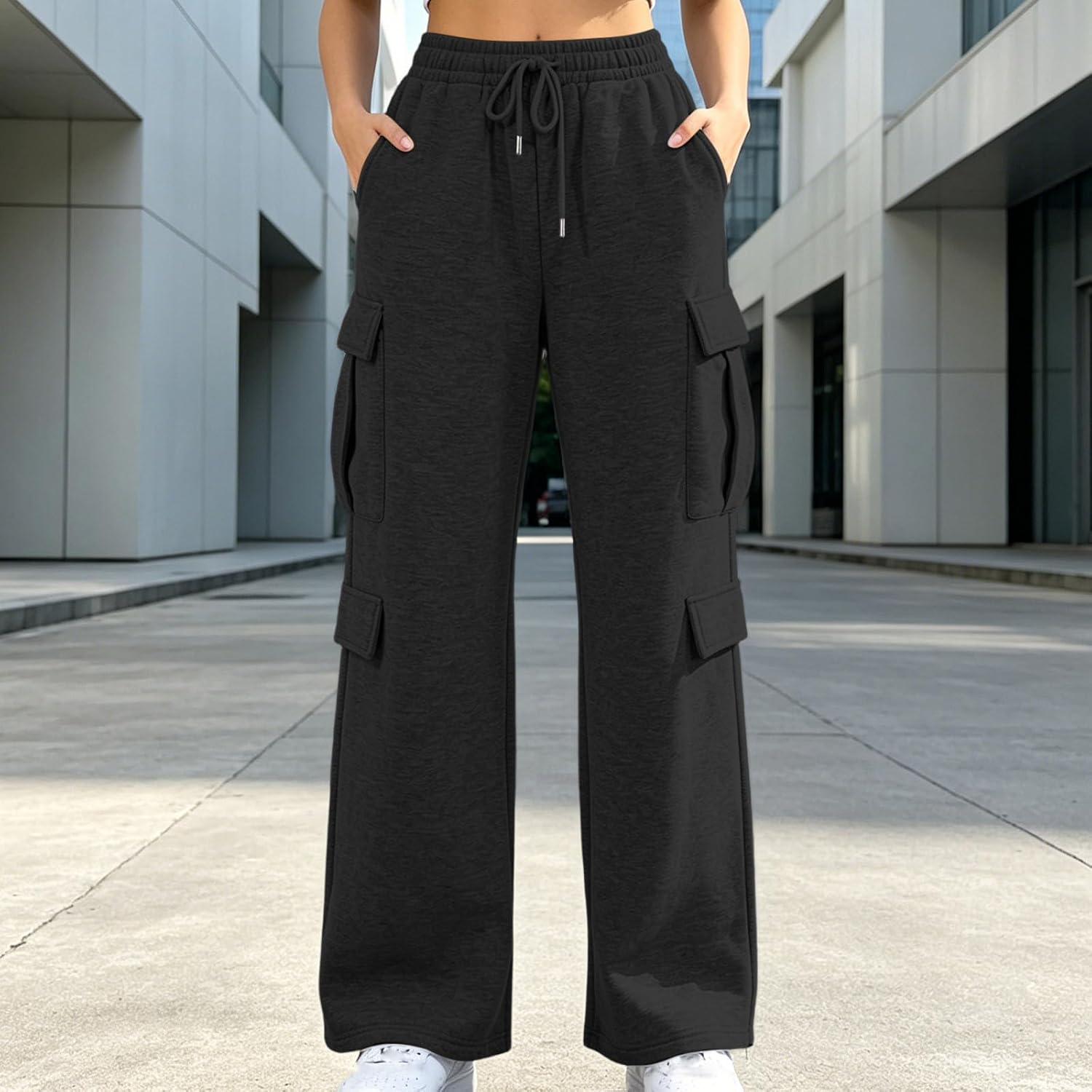 Women's Wide Leg Cargo Sweatpants Hiking Fall Trousers | Women's Wide Leg Sweatpants Drawstring Waist Baggy Cargo Pants Casual Trousers Loose Fit Hiking Fall Trousers with Pockets