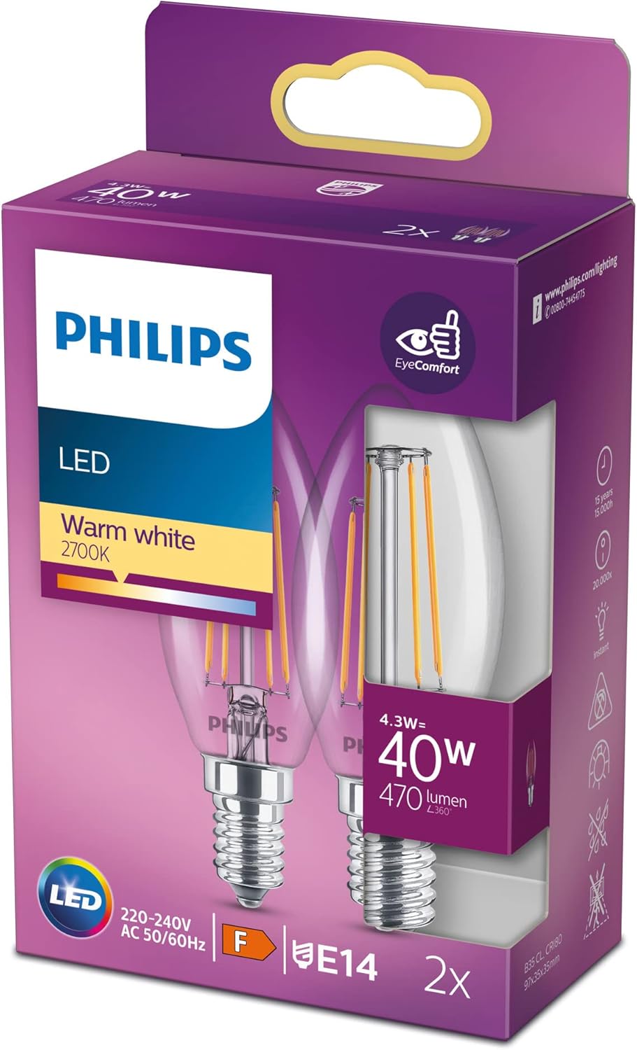 Philips LED Classic 40W B35 Led Mum Filament Ampul, 2700K Beyaz Işık, E14 İnce Duy, Dim Edilmez, 2'li Ekopaket