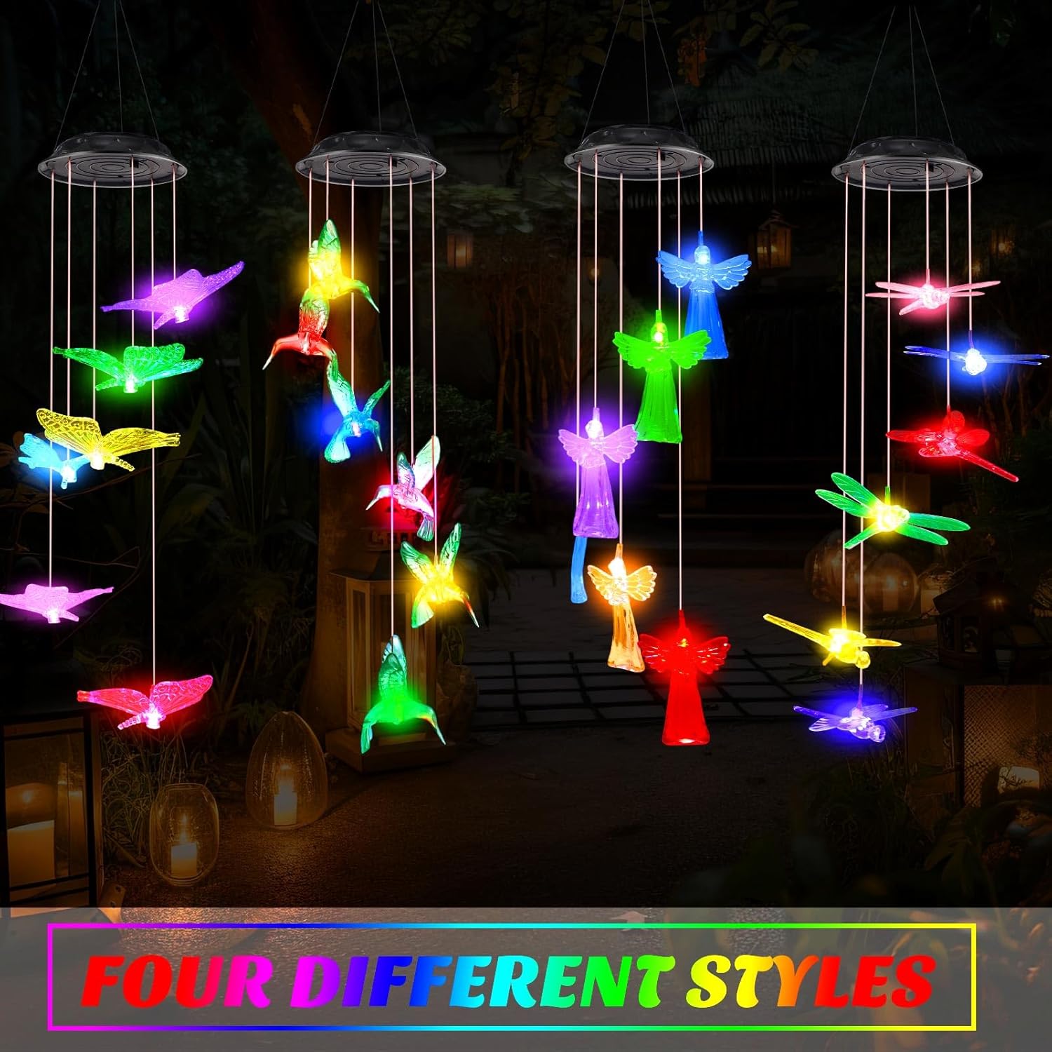 Baquler 4 Pcs Solar Wind Chimes for Outside Hummingbird Angel Butterfly Dragonfly Waterproof Hanging Solar Lights for Patio Garden Yard Porch Outside Gifts for Mom Grandma Women