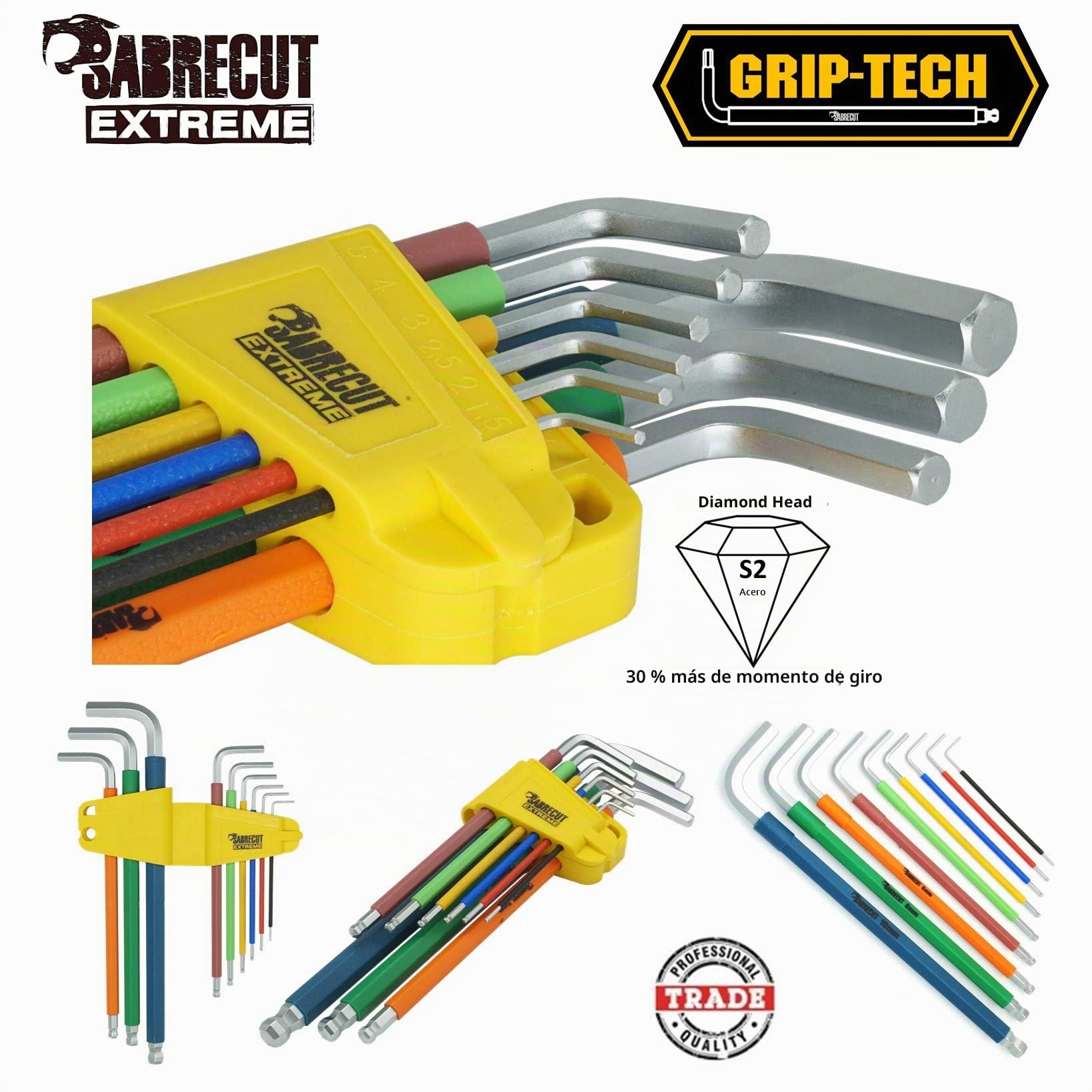Juego de llaves Allen SabreCut SCHEX009S de agarre suave hexagonales extralargas y de diamante hexagonal Hex Plus de 9 piezas con codificación de colores 1,5mm - 10mm