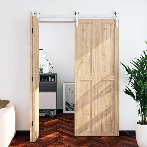 DIYHD Kit de puerta corrediza de granero plegable de 51-916 pulgadas, montaje frontal resistente, para 4 puertas, se ajusta a un ancho máximo de disponible en Yaxa Peru
