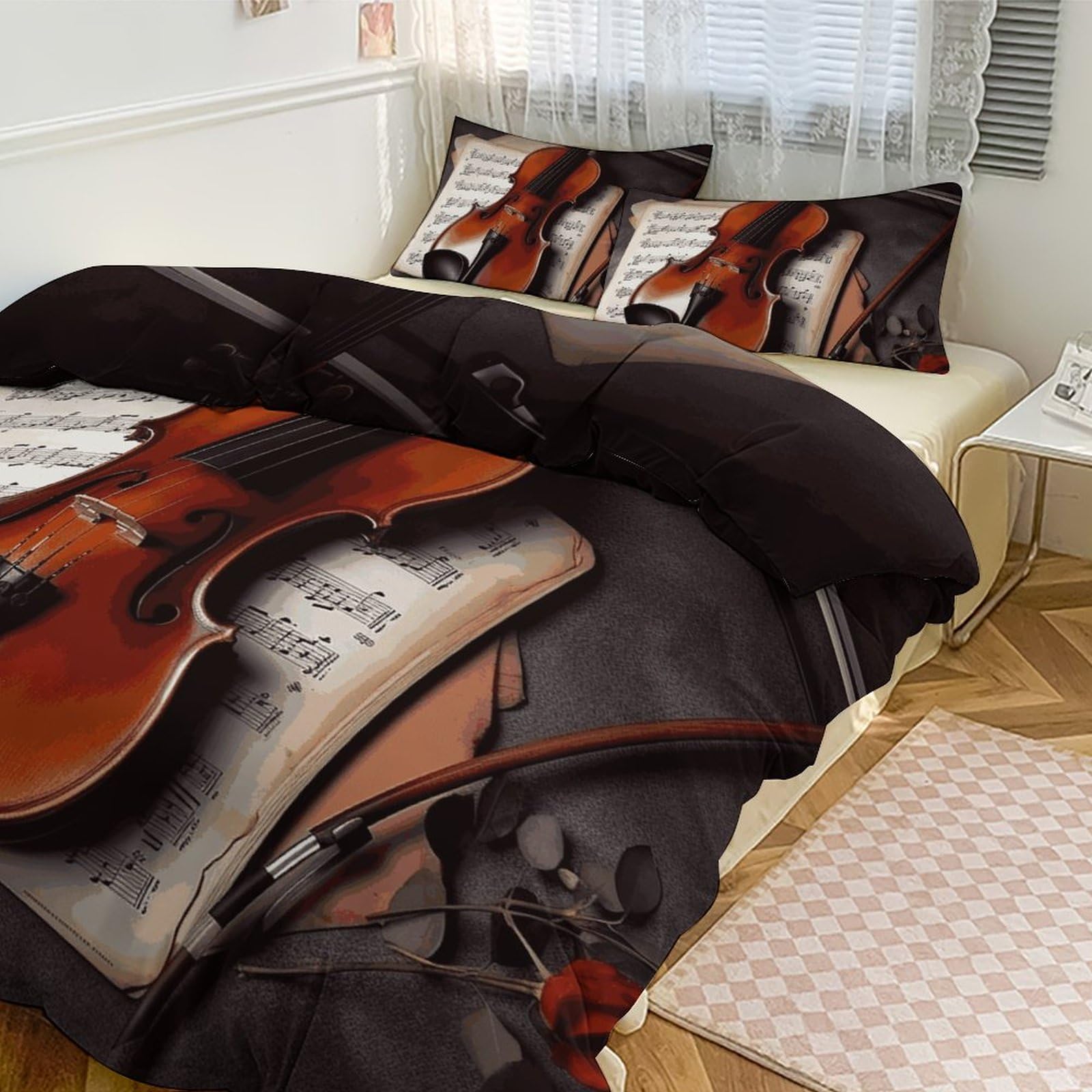 Parure de lit 3 pièces motif violon pour une chambre douce à la maison