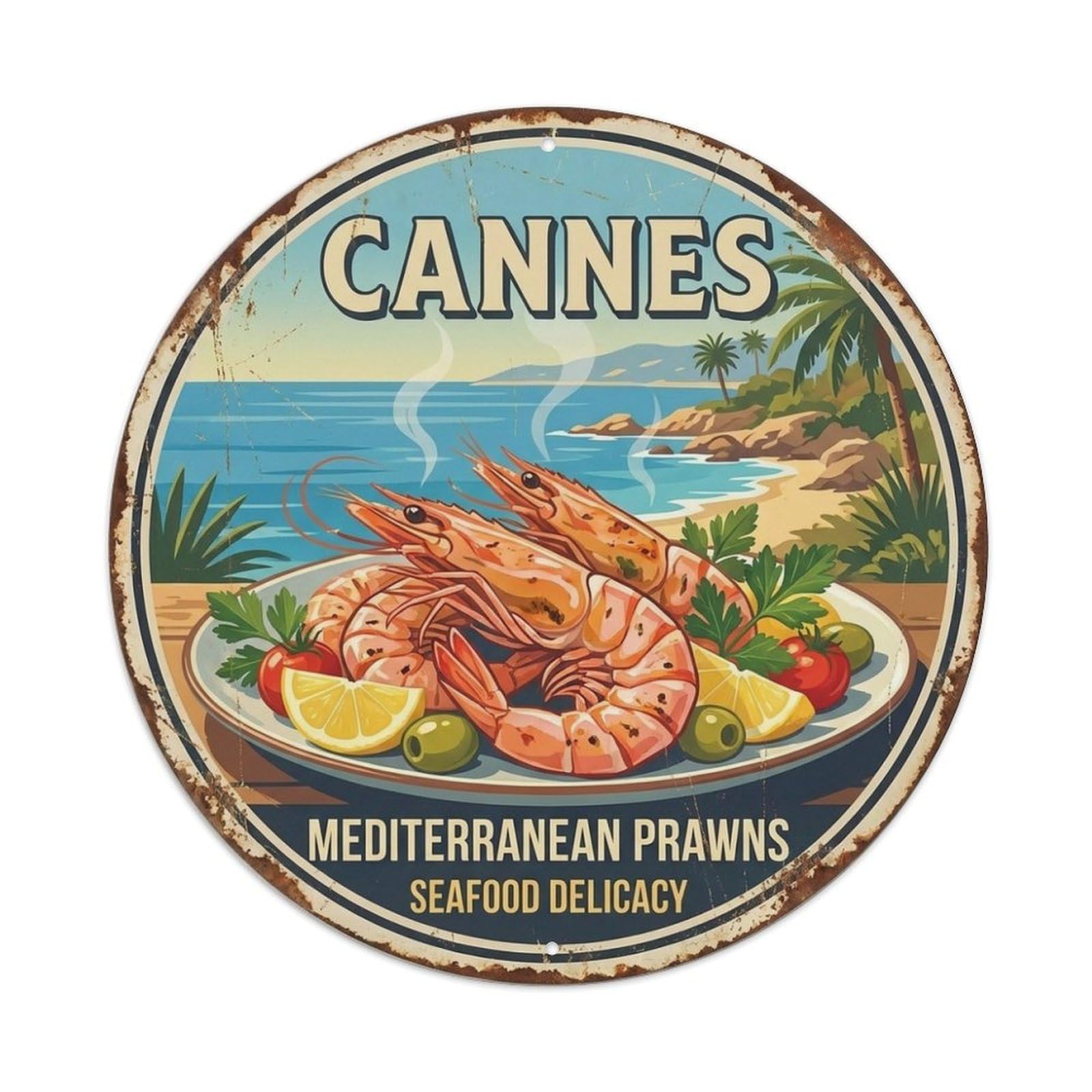 Prawns of Cannes French Riviera Cuisine Travel Vintage Metal Tin Sign