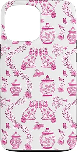 Funda para iPhone 13 Pro Max Preppy Pink and White Toile Chinoiserie Dogs and Ginger Jars