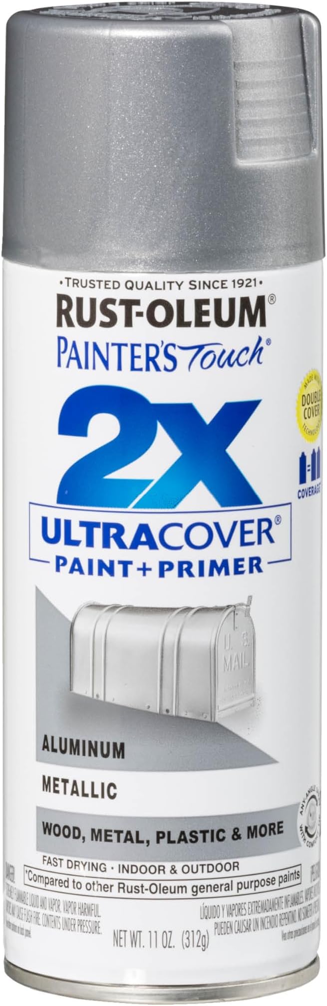 Rust-Oleum 334058 Painters Touch 2X Ultra Cover Spray Paint, 11 oz, Metallic Aluminum.